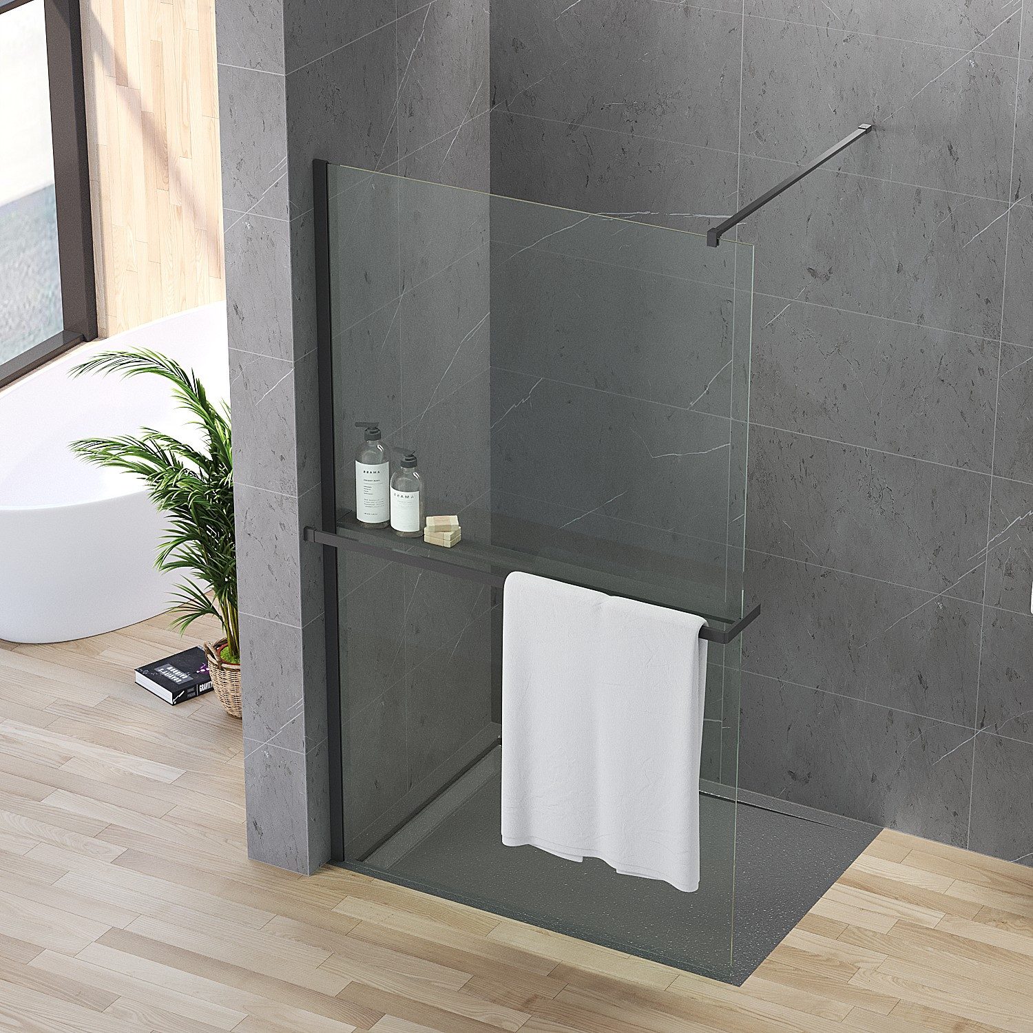 AQUALAVOS Duschwand Walk-in-Dusche mit Schwarzer Aluminiumprofil Ablage & Handtuchhalter, 8mm Einscheibensicherheitsglas mit Nano Beschichtung, Montage wahlweise links oder rechts, auf Duschwanne oder Boden