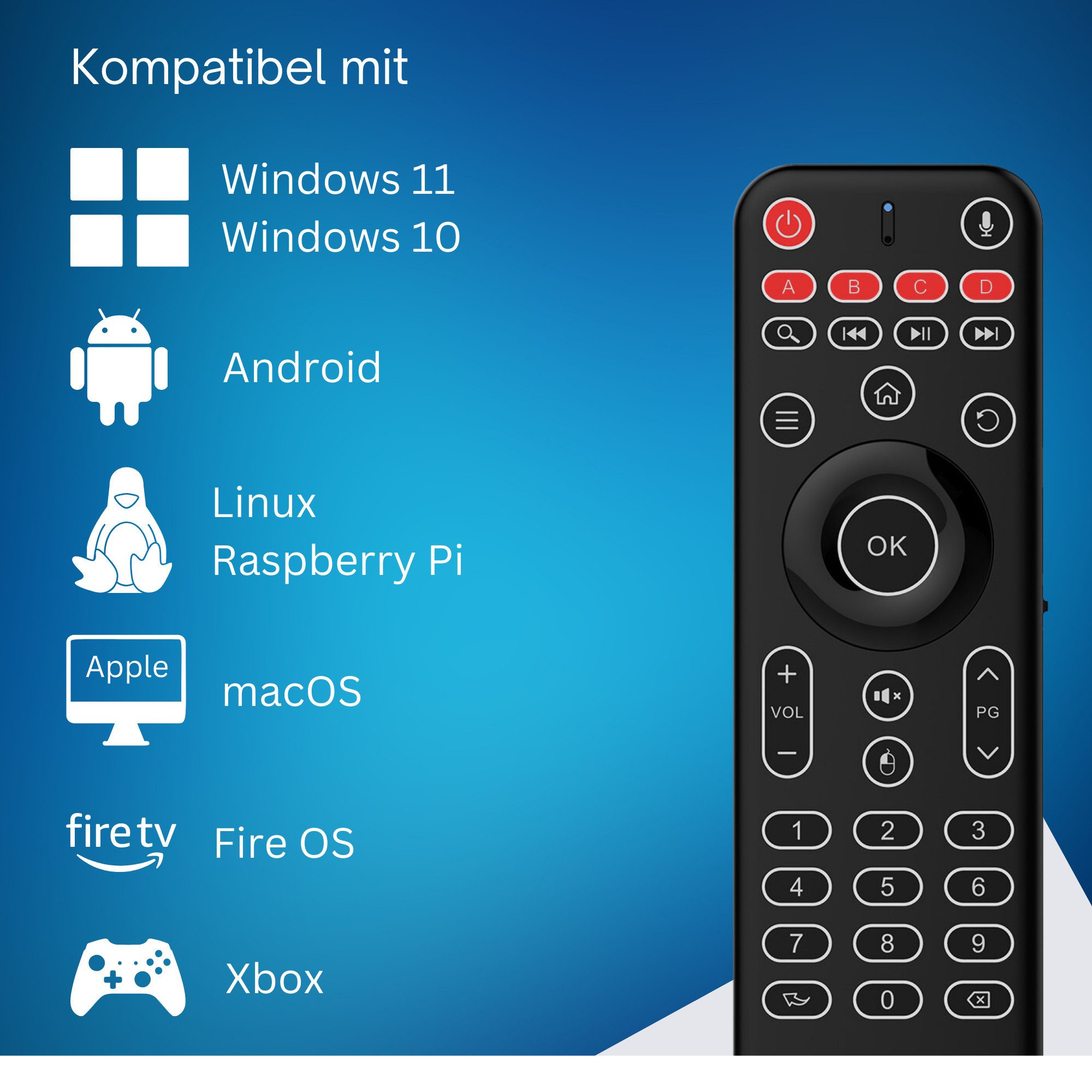 Orbsmart AM-1 Pro Airmouse Fernbedienung mit Wireless-Tastatur (kabellos, deutsches Layout (QWERTZ), LED-Beleuchtung, Mikrofon)