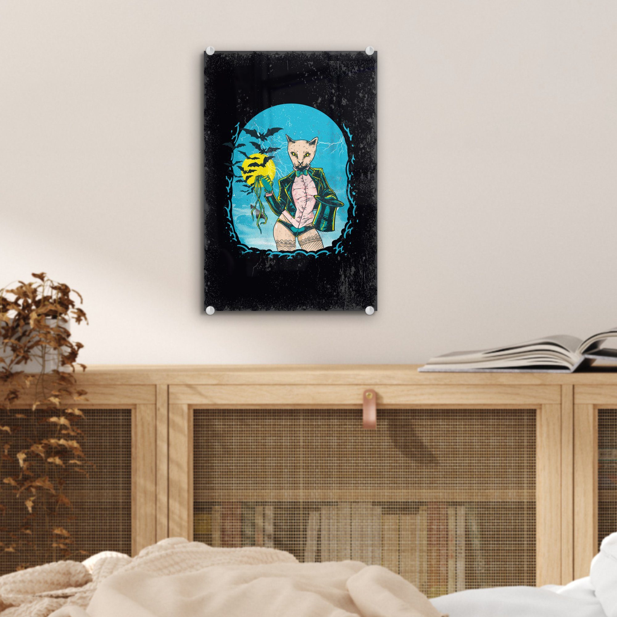 Wandbild - St), auf - - Wanddekoration Katze - Vintage Foto - Glas MuchoWow auf Acrylglasbild (1 Glas Bilder Hut, Glasbilder