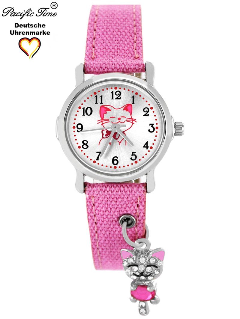 rosa Versand Time mit Quarzuhr Kinder Pacific Gratis Katzenanhänger Armbanduhr Stoffarmband,