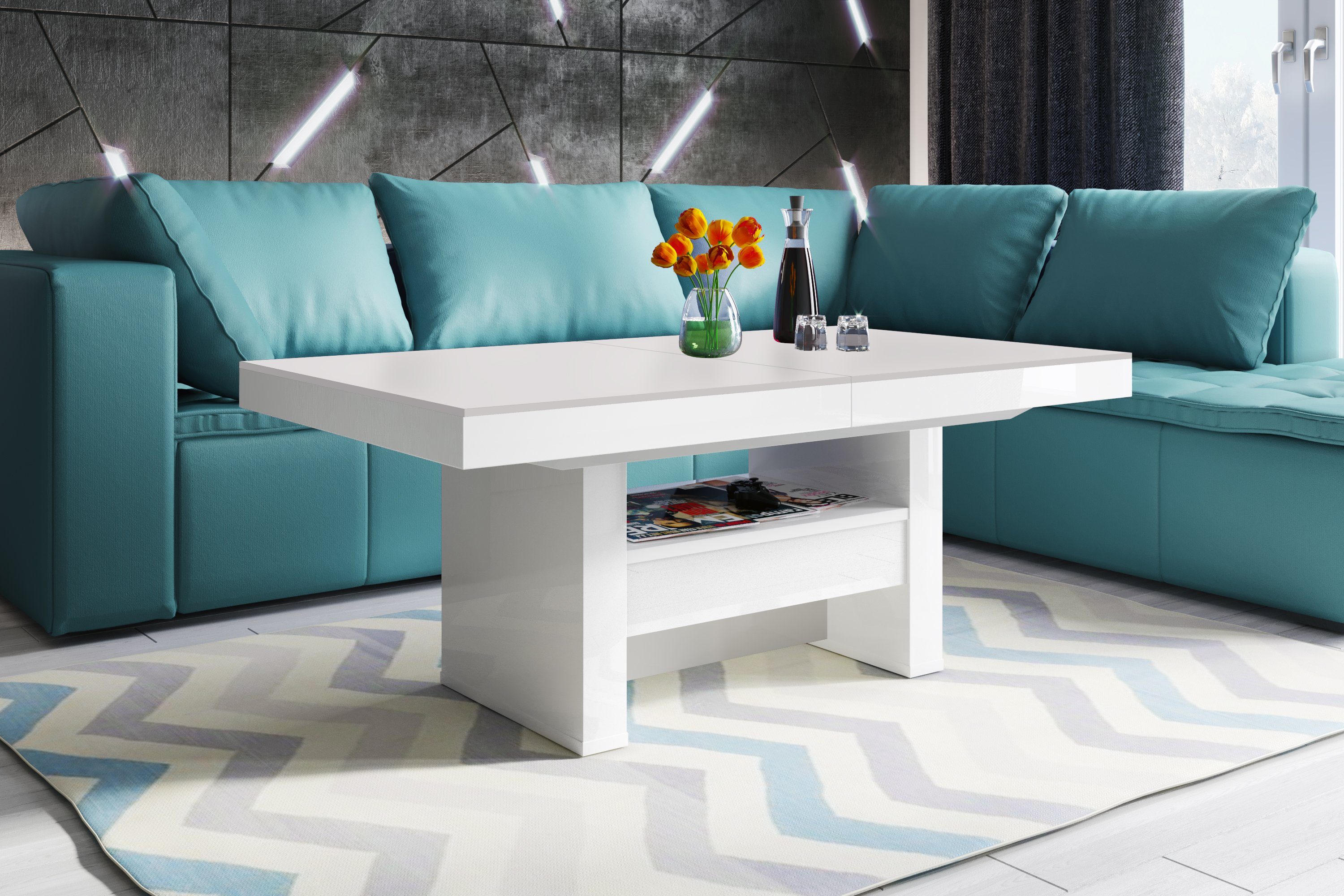 designimpex Couchtisch HLU-111 Hellgrau (Beigeton) MATT / Weiß HOCHGLANZ höhenverstellbar, Funktionstisch, Wohnzimmertisch, Tisch, Esstisch, Sofatisch, Schublade