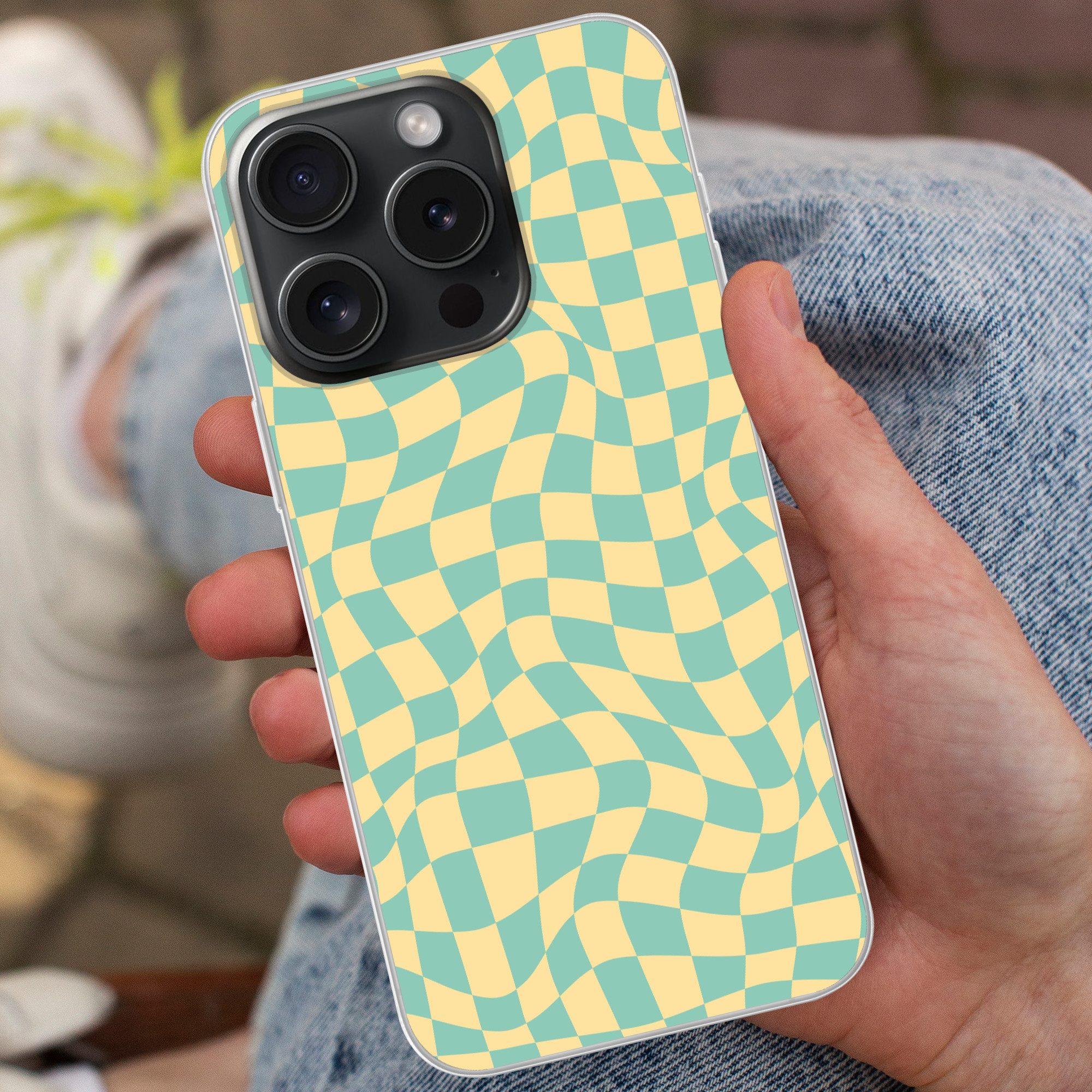 MuchoWow Handyhülle für Apple iPhone 15 Pro Quadratisches Muster - Gelb - Blau - Wellenlin, Smartphone-Bumper, Print, Handy Schutzhülle Dünn