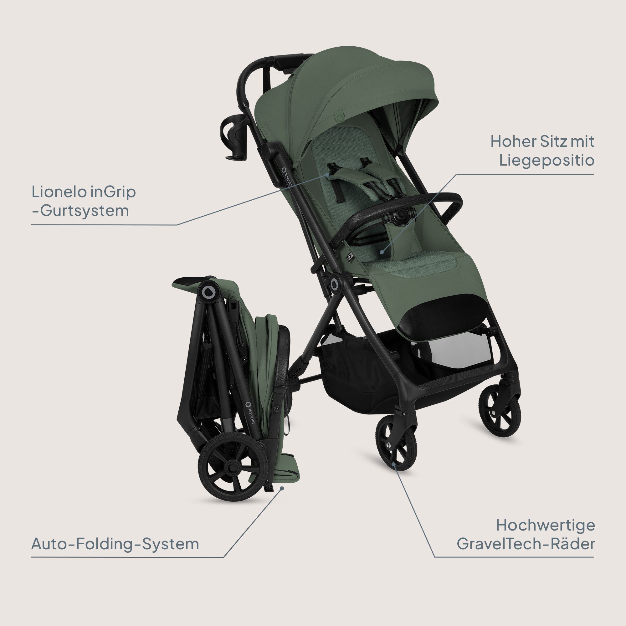 lionelo Kinder-Buggy TANSI, (Set), GravelTech-Räder/Auto-Folding/92 cm Liege/inGrip/einhändig