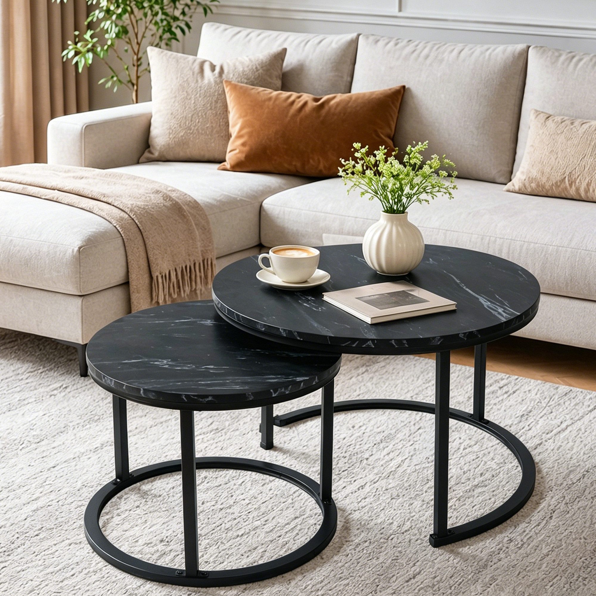 BIGTREE Couchtisch 2er Set Wohnzimmertisch Set Rund Wohnzimmer Tisch (2-St., 2er-Set), 70x70x45 cm und 50x50x40 cm