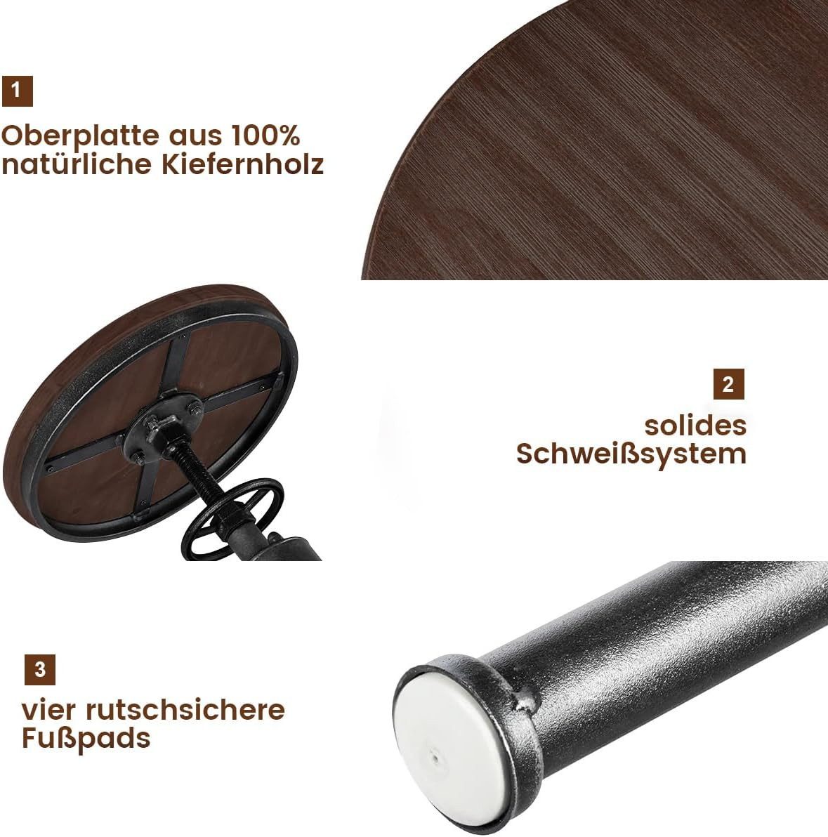 KOMFOTTEU Barhocker Bistrohocker, höhenverstellbar, 59,5-75 cm, aus Holz und Metall