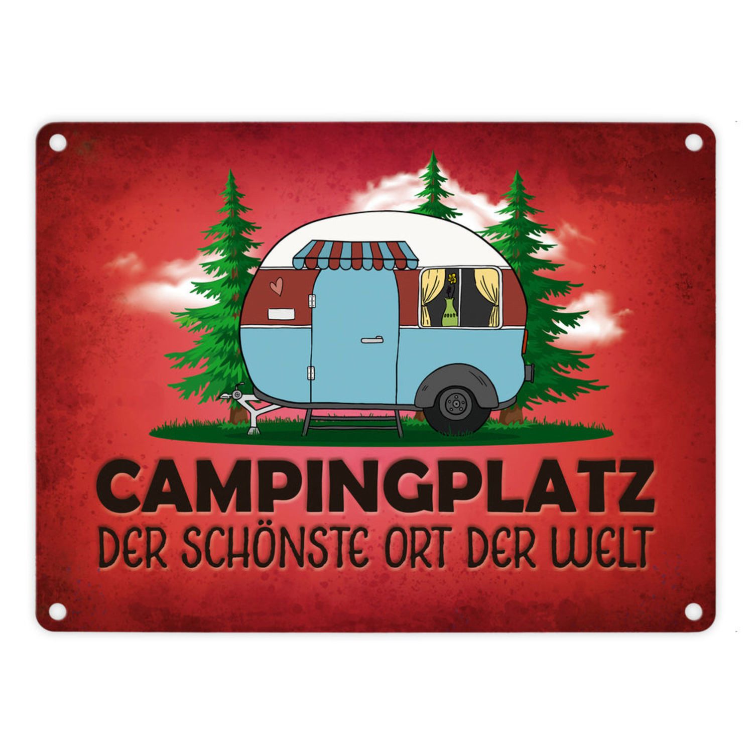 speecheese Metallschild Campingplatz Metallschild in rot mit Wohnwagen Motiv Wohnmobil Urlaub