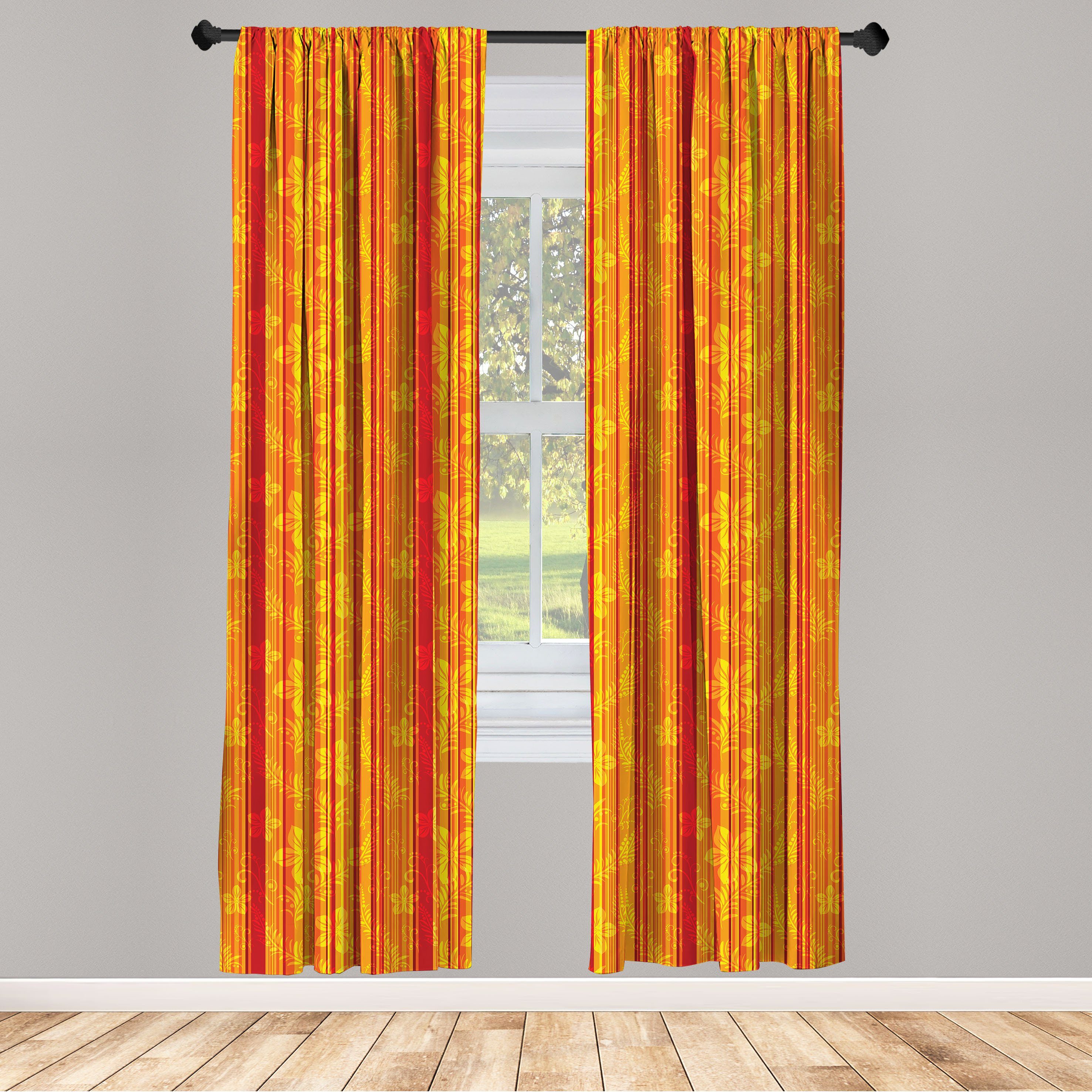 Gardine Vorhang für Wohnzimmer Orange Floral Vertikale Microfaser, Abakuhaus, Schlafzimmer Streifen Dekor