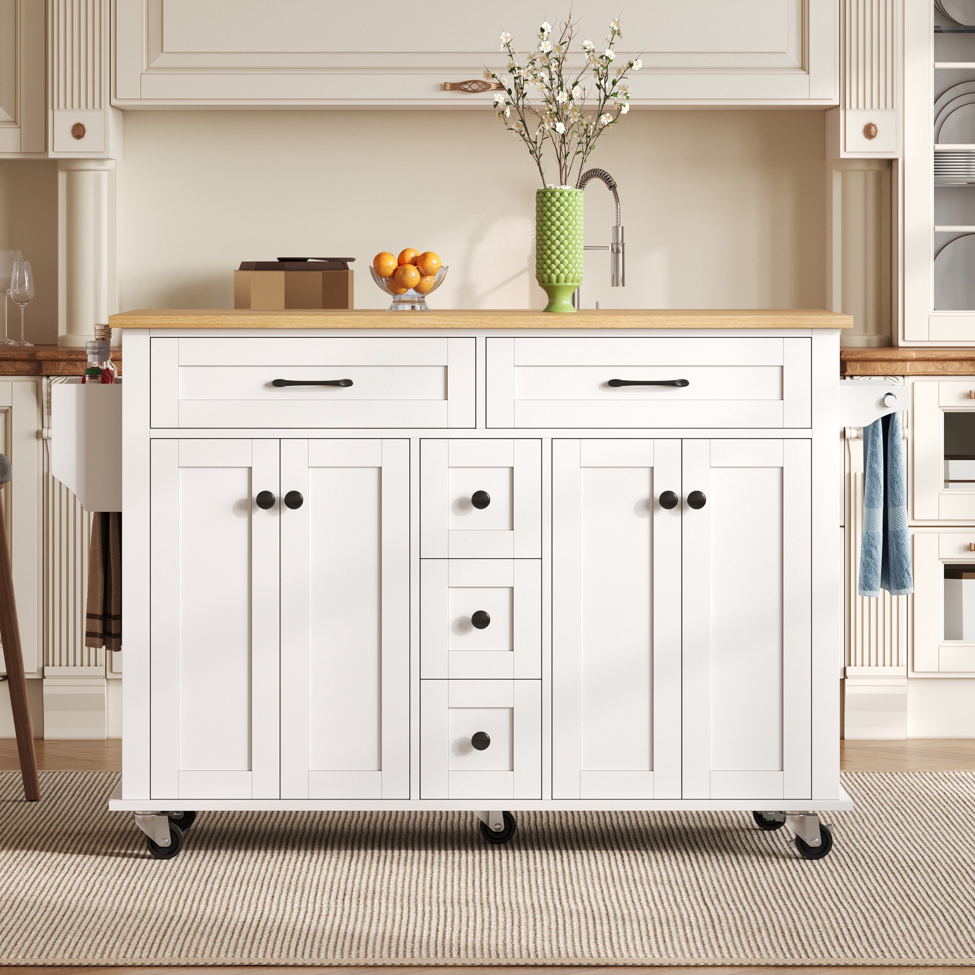 Odikalo Kücheninsel Küchenwagen Esszimmerschrank Esstisch Regal Tuchhalter Weiß/Schwarz