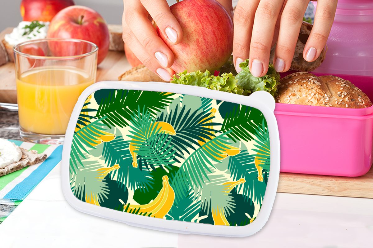 MuchoWow Lunchbox Tropisch - Blätter Muster, - - Erwachsene, Dschungel Kinder, Brotbox Kunststoff, Brotdose für Snackbox, Mädchen, Kunststoff rosa (2-tlg)