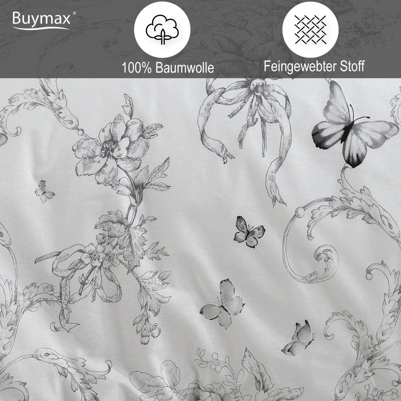 Buymax Bettwäsche Alegra, Renforcé: 100% Baumwolle, 4 teilig, 135x200 cm mit Reißverschluss, Geblümt Schmetterlinge, Schwarz Weiß
