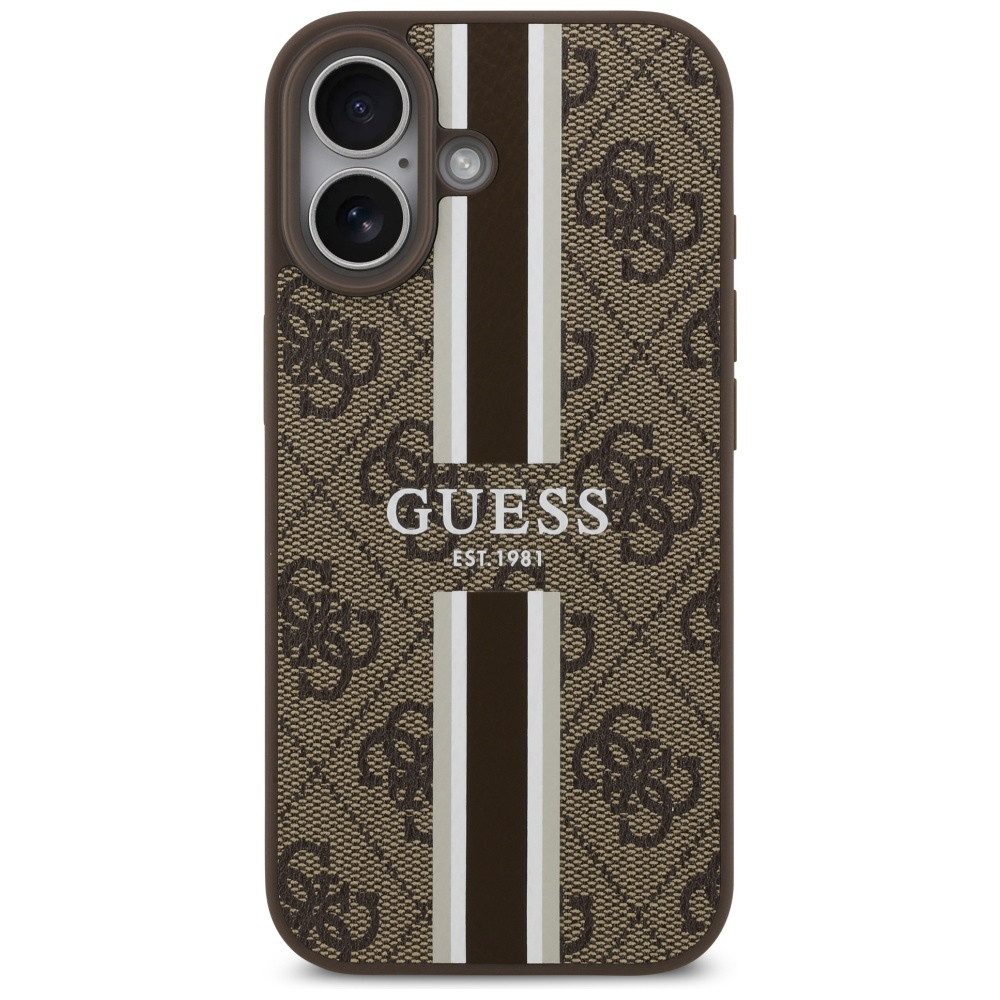 Guess Handyhülle Case iPhone 17 MagSafe Kunstleder braun Logo Streifen 6,3 Zoll, Kantenschutz