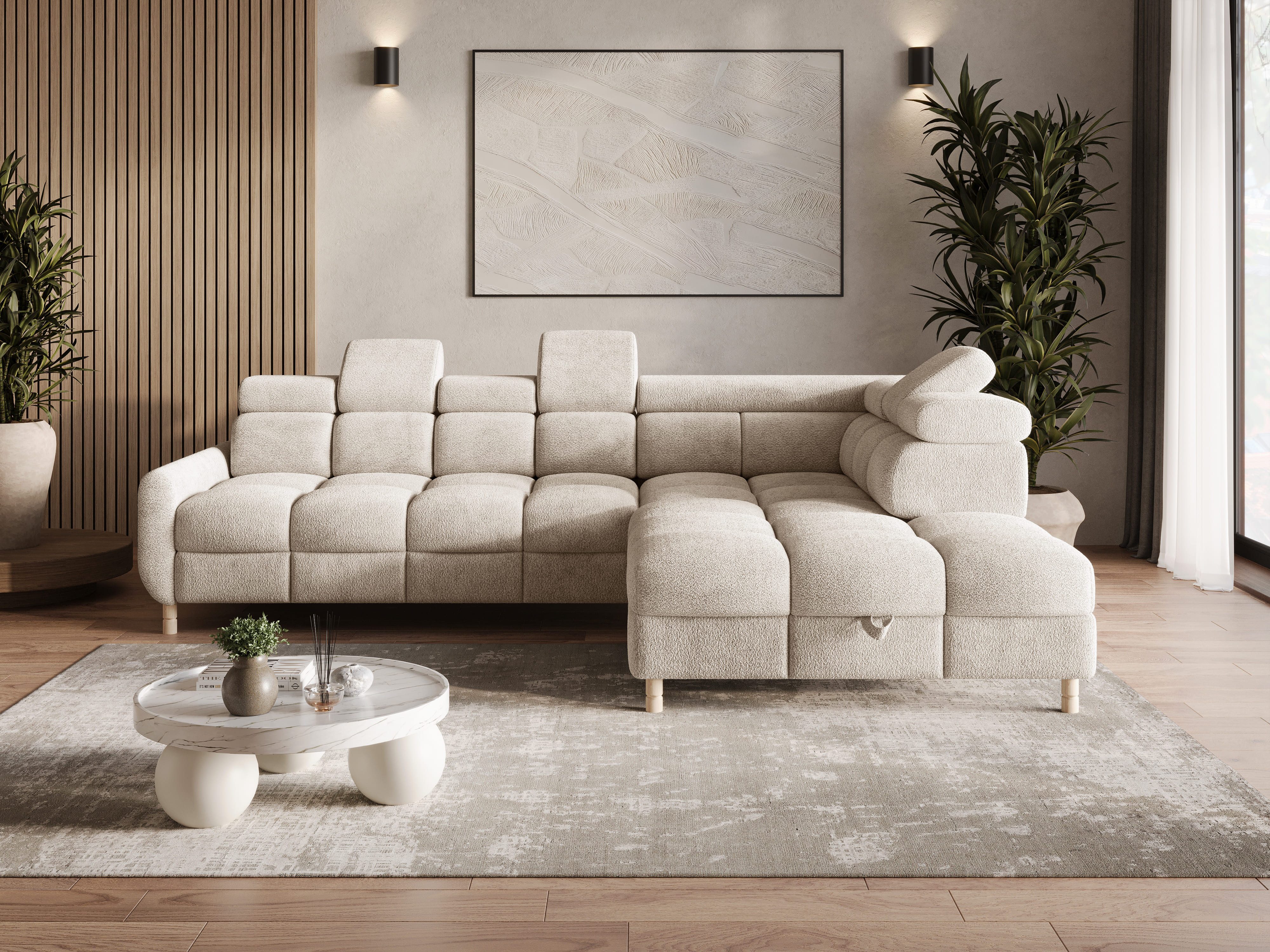 MOEBLO Ecksofa BUN aus Bouclé, mit Schlaffunktion, Bettkasten und verstellbaren Kopfstützen – modernes Polsterecksofa für Wohnzimmer, Eckcouch Wohnlandschaft Sofa mit Ottomane Eckgarnitur Polsterecke, (BxHxT): 276 x 78 x 209 cm