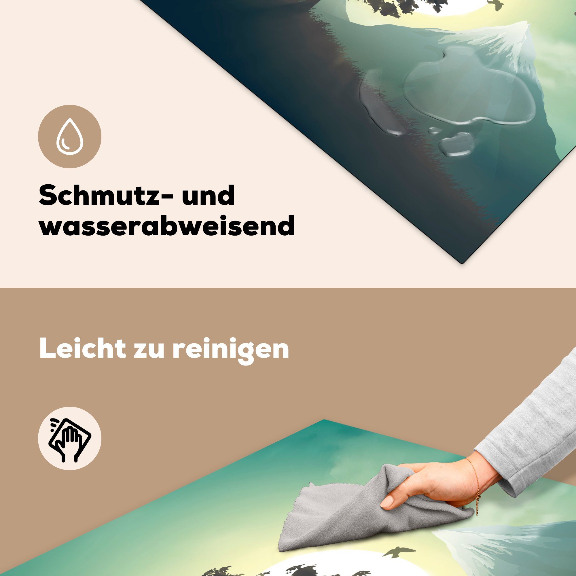 Vinyl, tlg), Herdblende-/Abdeckplatte 78x78 Baumes eines mit für im MuchoWow Arbeitsplatte (1 Berglandschaft küche einer Hintergrund, Illustration Ceranfeldabdeckung, cm, Eine