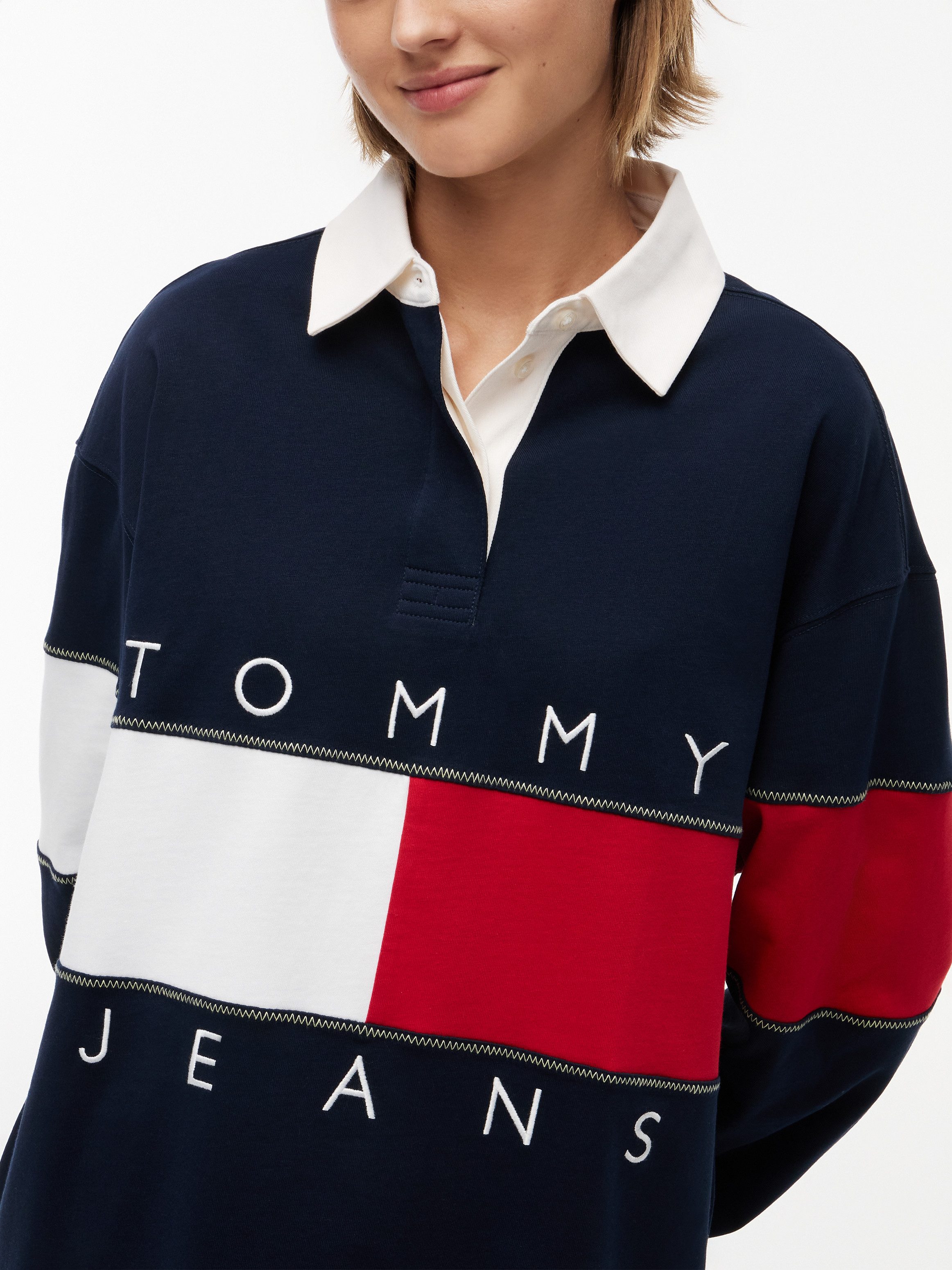 Tommy Jeans Sweatshirt TJW OVS FLAG RUGBY EXT Baumwolle, Logodruck