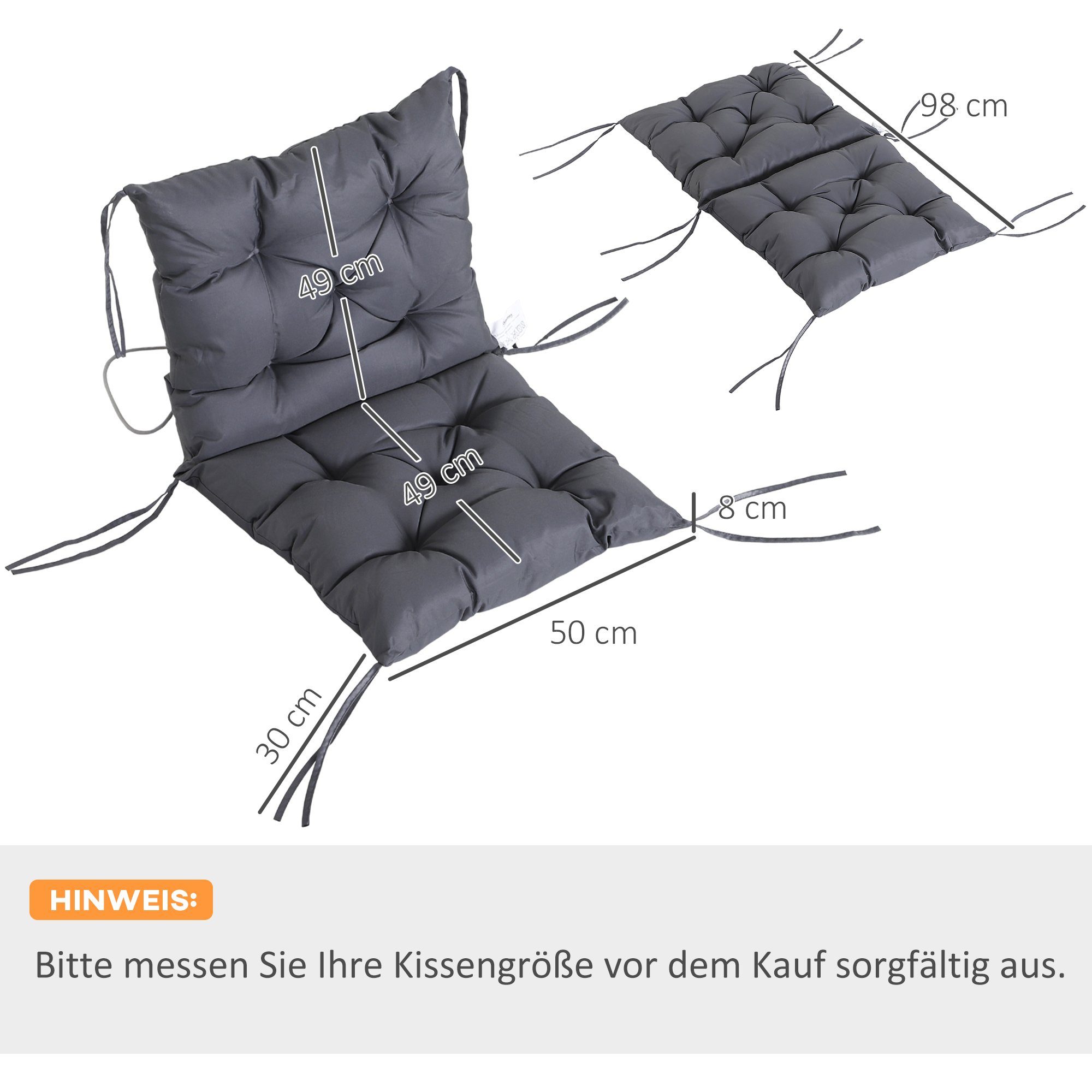 Outsunny Sitzkissen Auflage für Niederlehner Gartenstuhlauflagen, Grau, 98cm x 50cm x 8cm