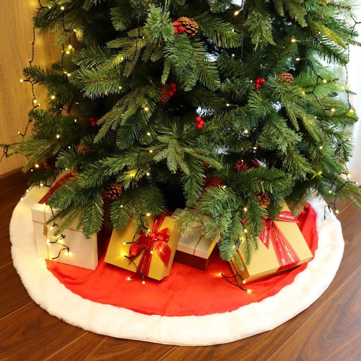 Salcar Weihnachtsbaumdecke Baumteppich Weihnachten Weiß, Christbaumdecke Christbaumschmuck, Rot Plüsche Rund Weihnachtsbaumdecke, Geschenke WeihnachtsdekoBaumrock für