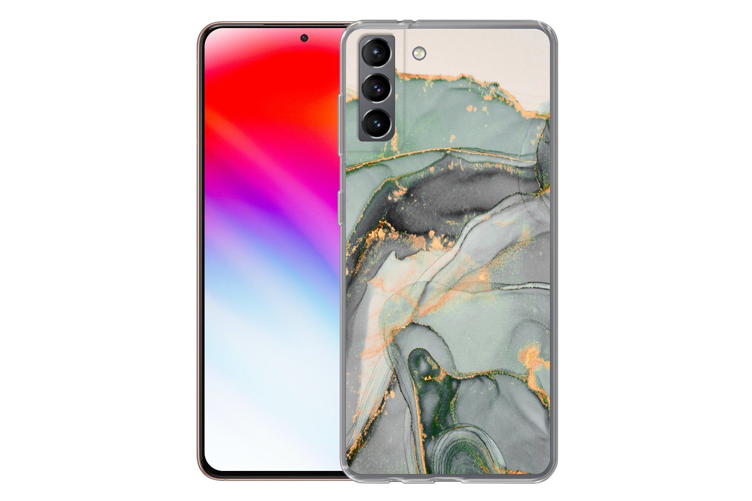 MuchoWow Handyhülle für Samsung Galaxy S21 Plus Gold - Marmor - Grün - Luxus - Glitzer - M, Phone Case, Silikon, Schutzhülle Dünn
