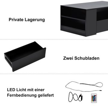 BlingBin Couchtisch Kaffeetisch mit 2 Schubladen inkl.16 Farben LED-Beleuchtung (mit 4 Ablage und 2 Schubladen inkl. Fernbedienung), 95 x 53 x 37cm