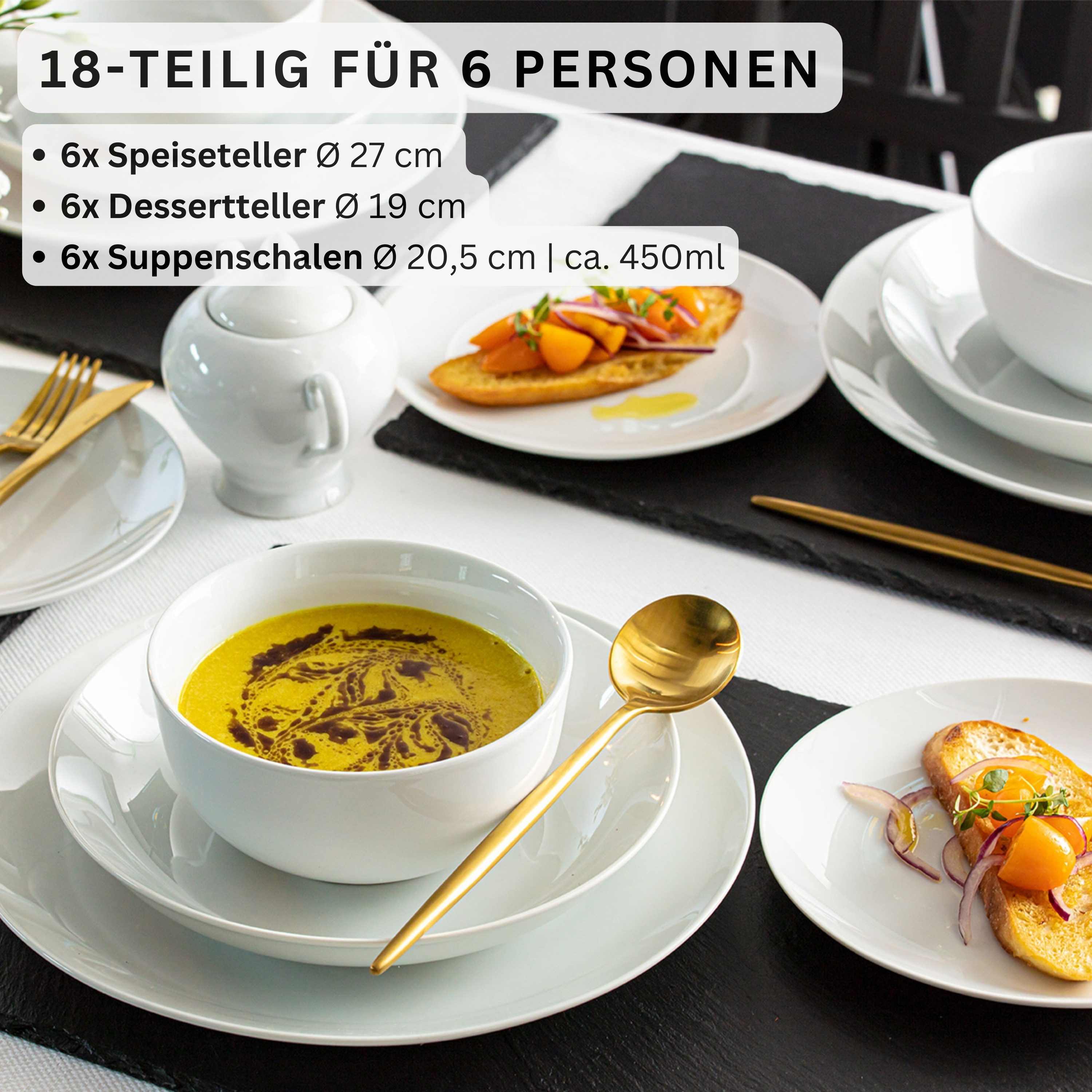 SÄNGER Tafelservice New Port Geschirrset, Weiß (18-tlg), 6 Personen, Porzellan, Premium Collection