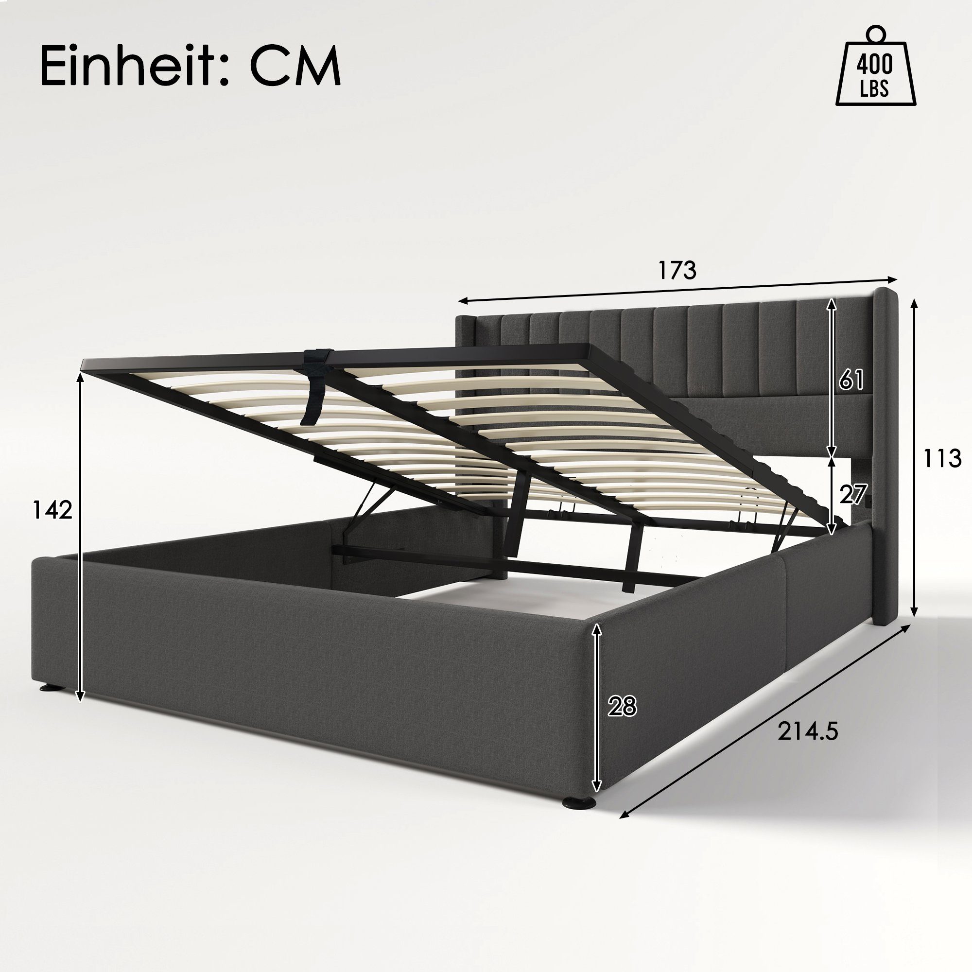 Boxspringbett (Funktionsbett, Doppelbett Hydraulisches Bett mit Lattenrost), Polsterbett Stauraumbett 160x200 cm, Lattenrost aus Holz, Leinen