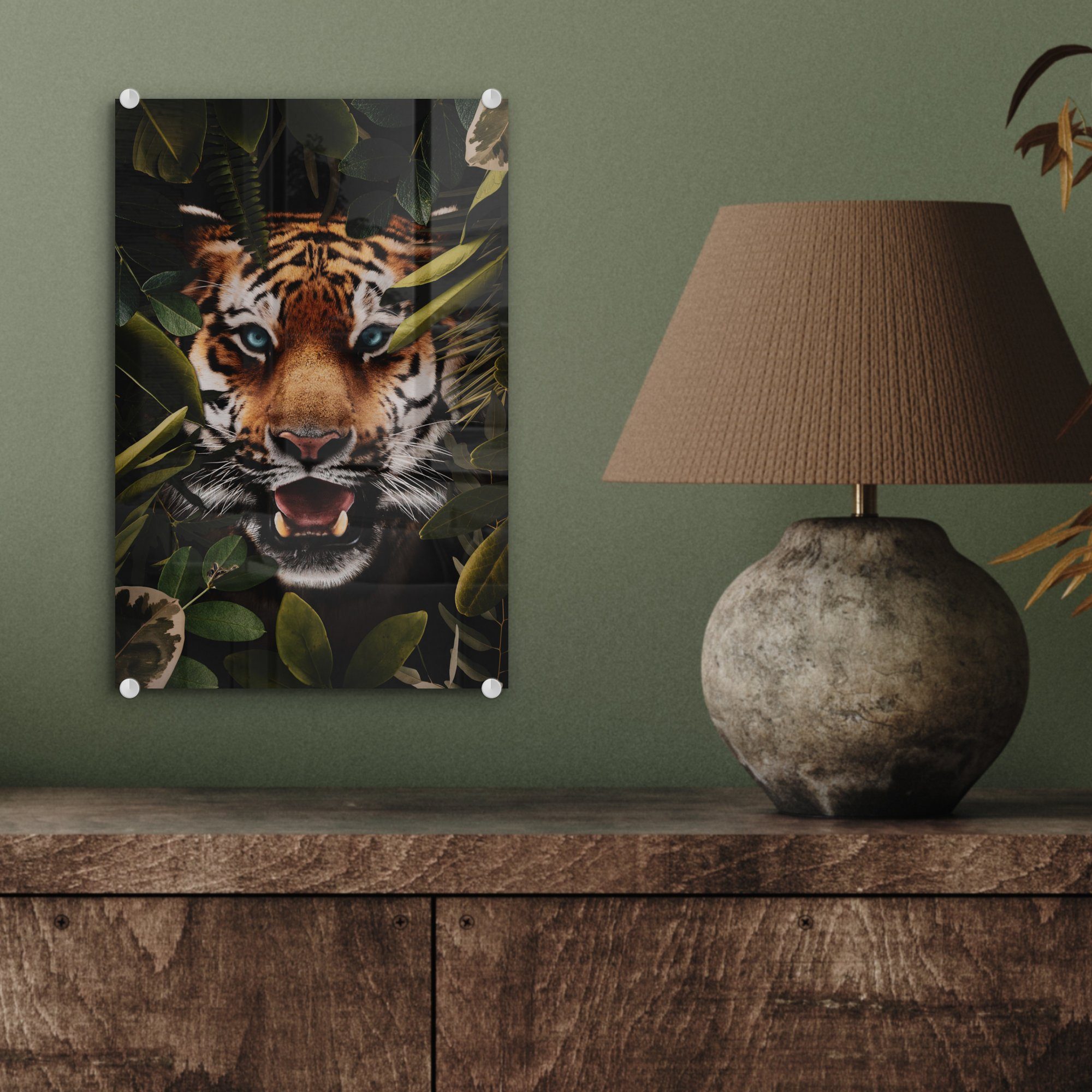 Acrylglasbild St), - Wanddekoration - Glas - Foto (1 Glas Glasbilder bunt Wandbild auf Grün, - auf MuchoWow Bilder - Pflanzen Tiger