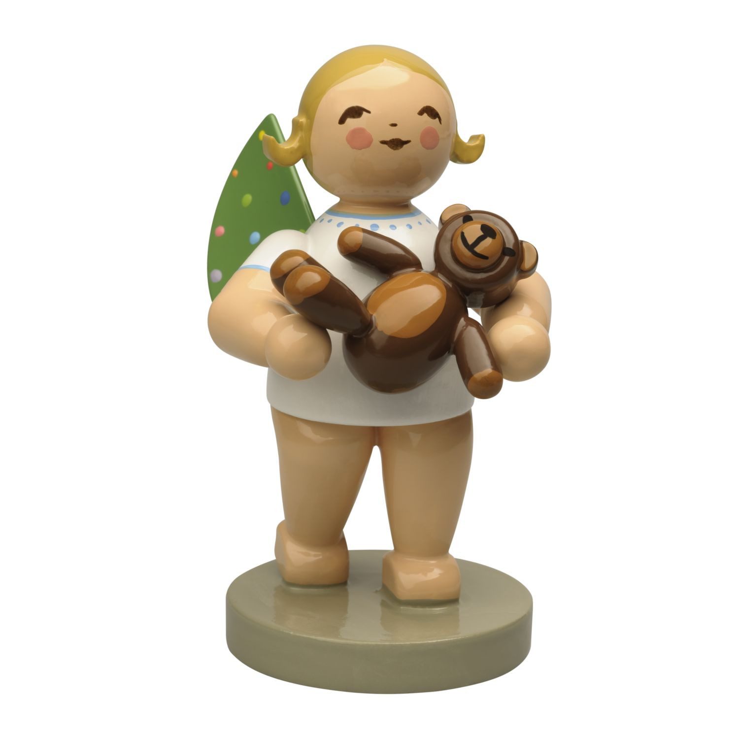 Wendt & Kühn Weihnachtsfigur Engel mit farbigen Flügelpunkten und Teddy 650/2026/WCF, Haarfarbe zufällig blond oder braunhaarig