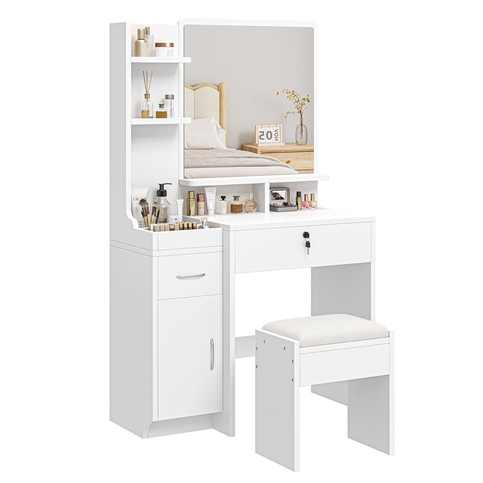 Dripex Schminktisch mit Spiegel, Hocker und Schubladen, Weiß, 87 x 38,3 x 141,5 cm, Mit seitlichem Stauraum