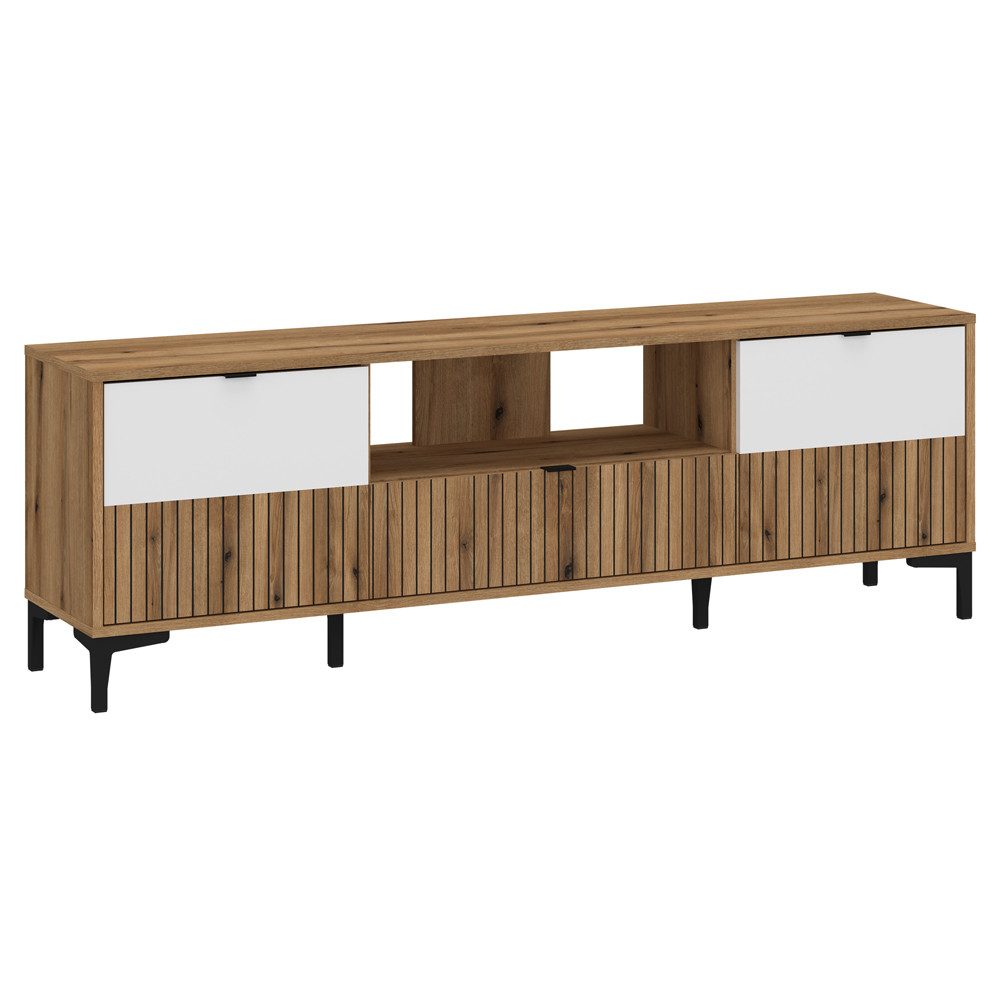 Lomadox Lowboard RISBY-129, 160 cm Eiche weiß Rillenoptik Fernsehschrank TV-Schrank Fernsehtisch