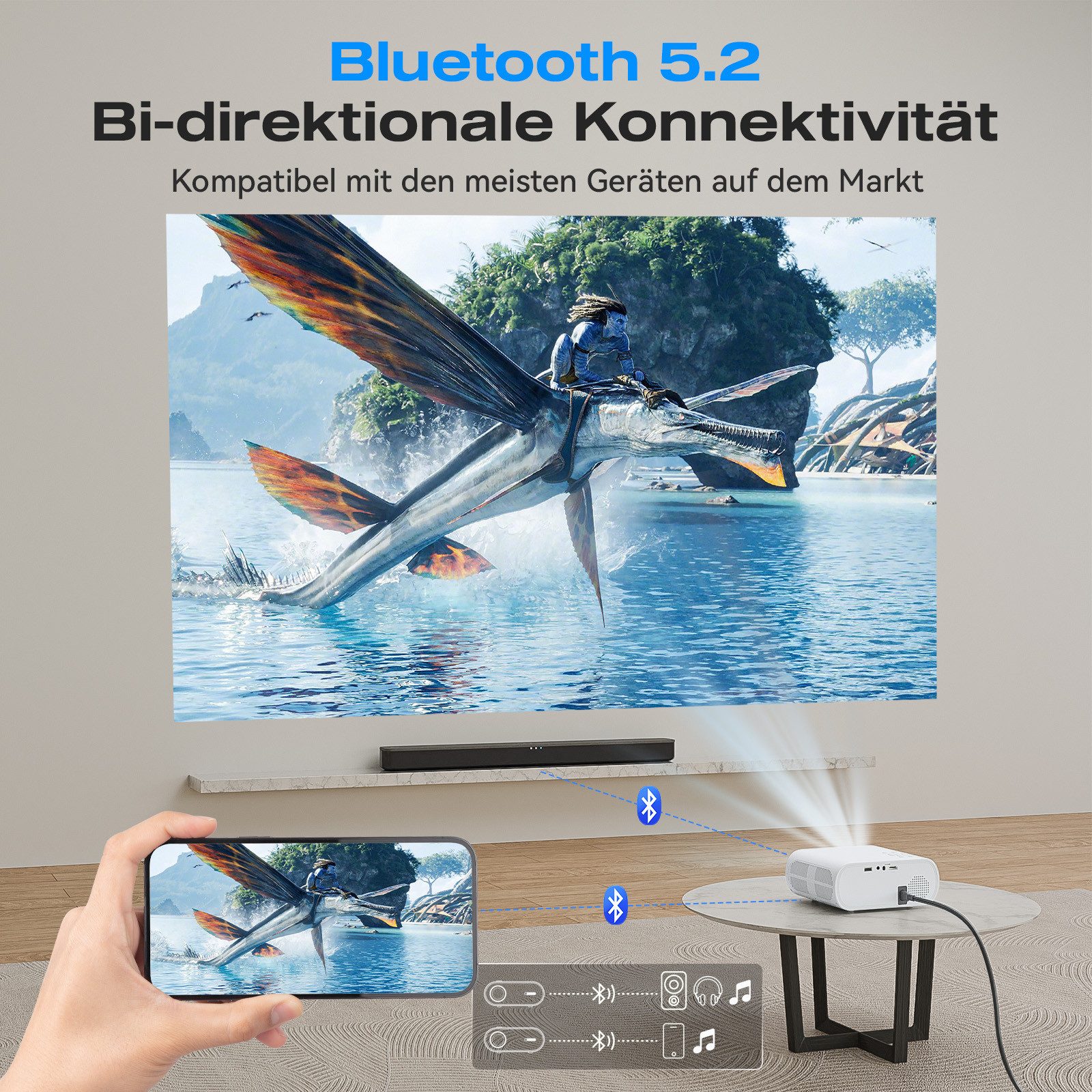 ZOOMCAT Mini Beamer 4K Mit Offiziell zertifizierte App Mini-Beamer (20000 lm, 20000 : 1, 3840x2160, 1920x1080 px, Elektrische Fokussierung, 4D 4P elektronische Trapezkorrektur) weiß