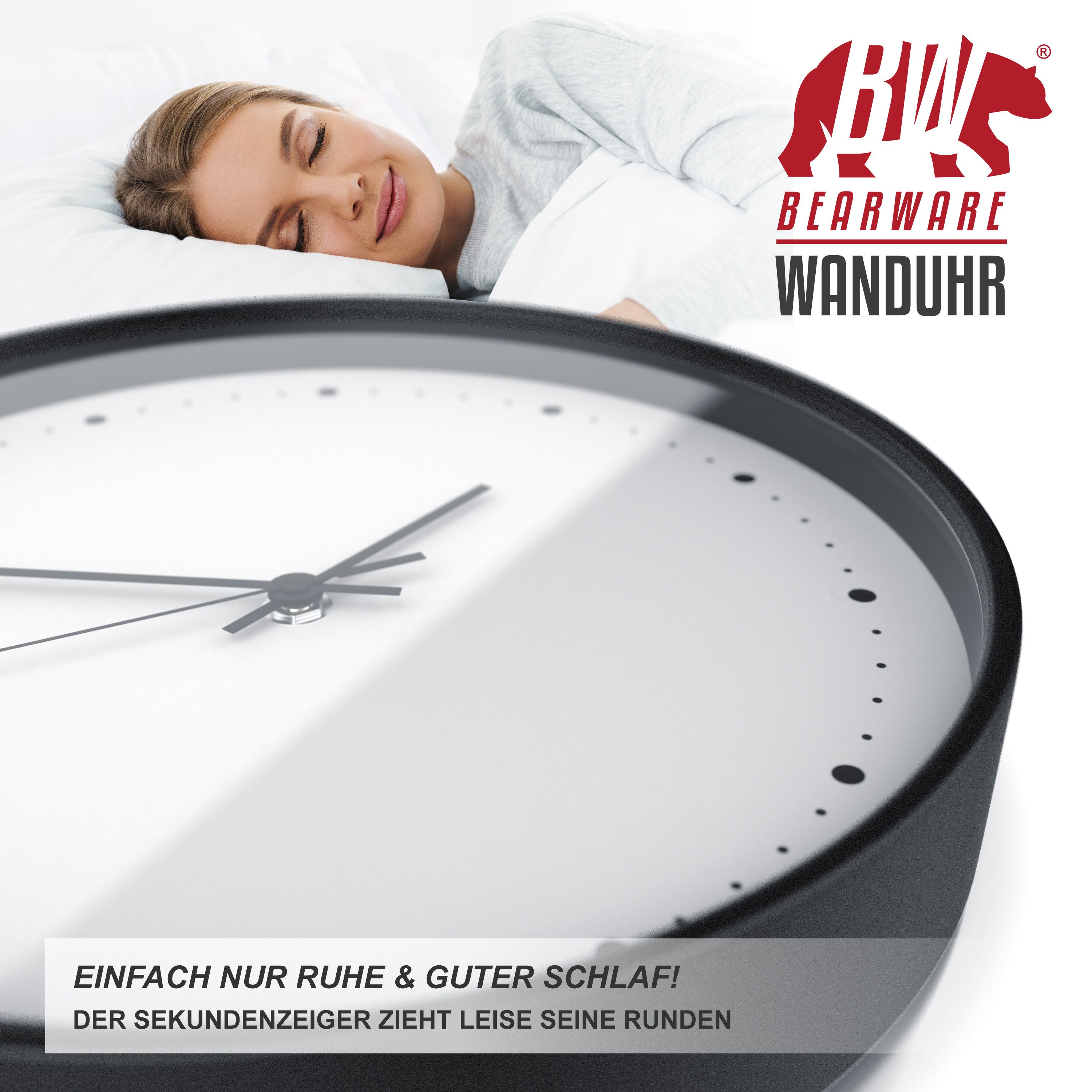 BEARWARE Funkwanduhr Wanduhr rund, Funkuhr, neutrales Design mit Glasabdeckung (Bürouhr Küchenuhr 24cm Ø, analoge Anzeige, DCF-Signal, Batteriebetrieb) – Bild 4 von 5