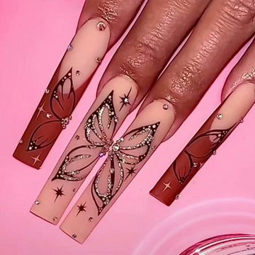 YRIIOMO Kunstfingernägel Verschleißfestes langes, Schmetterlings-Glitzer-Manikürerohr-Nagelpflaster, fertiges Produkt
