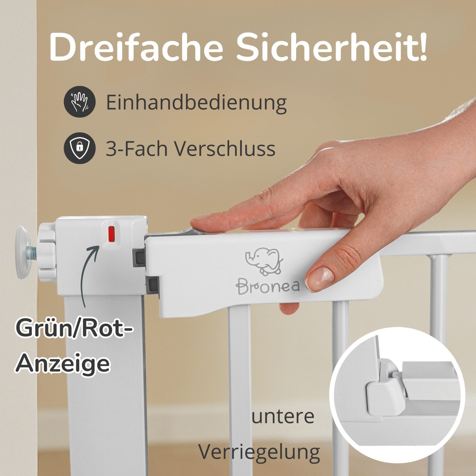 Bronea Treppenschutzgitter LUCA-M Treppengitter ohne Bohren Türschutzgitter ohne bohren (Türgitter ohne bohren Absperrgitter, 75-194 cm verlängerbar), 3-faches Schloss & Rot-Grün Sicherheitssystem, Auto-Close, 90° Stopp