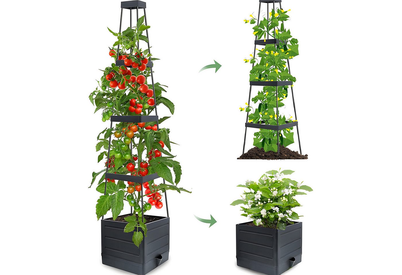 AIMAX Pflanzkübel Tomatentopf mit Rankhilfe 140 cm Balkonkasten Blumenständer Blumentopf (Selbstbewässerung Pflanzturm Pflanztopf Pflanzenbehälter Blumenkasten, 1 St., Verstellbare Rankenstütze, Integrierter Wasserspeicher, Hochbeet), Pflanzkasten zum Kle
