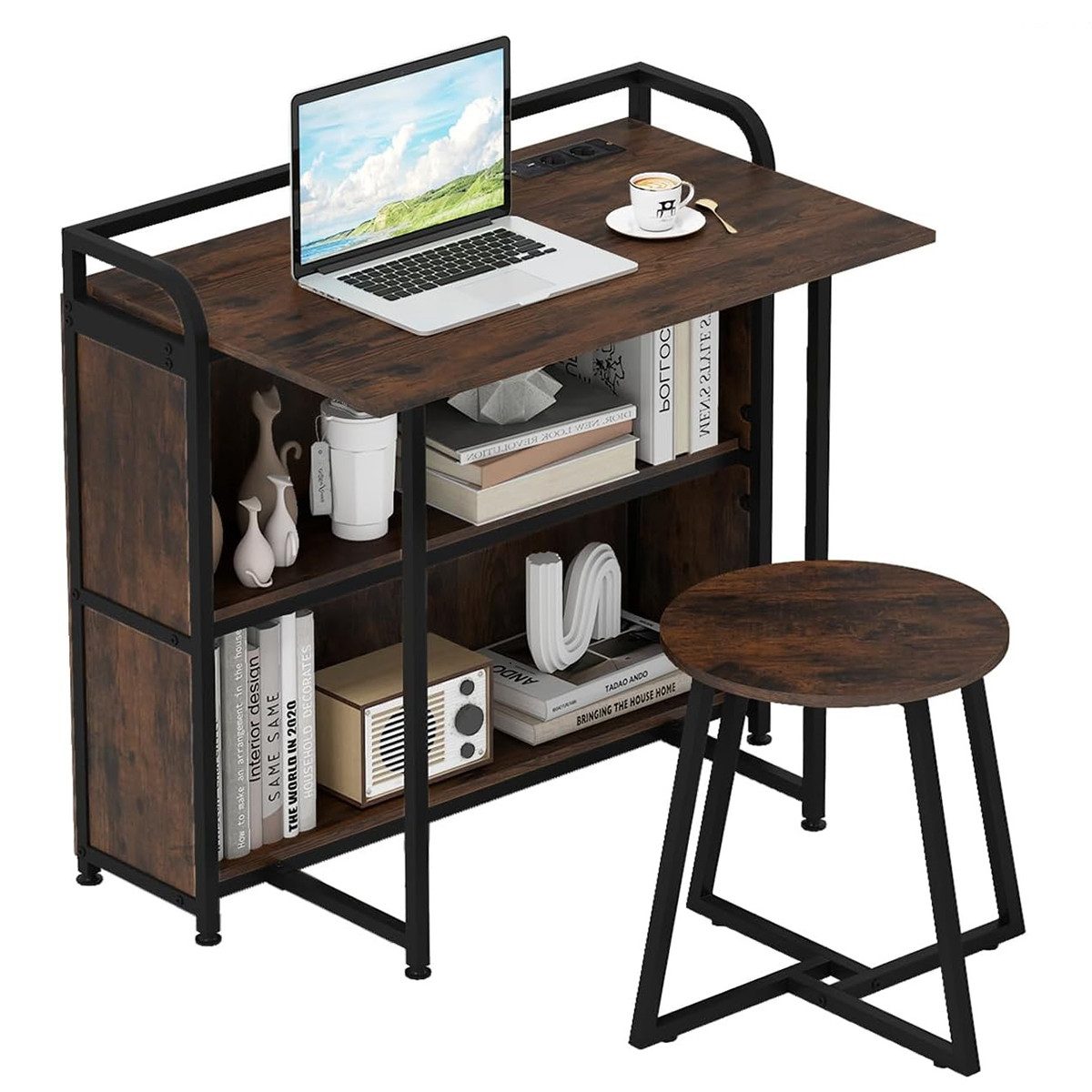 COSTWAY Schreibtisch (mit Hocker), mit Steckdose, Klapptisch Beistelltisch günstig online kaufen