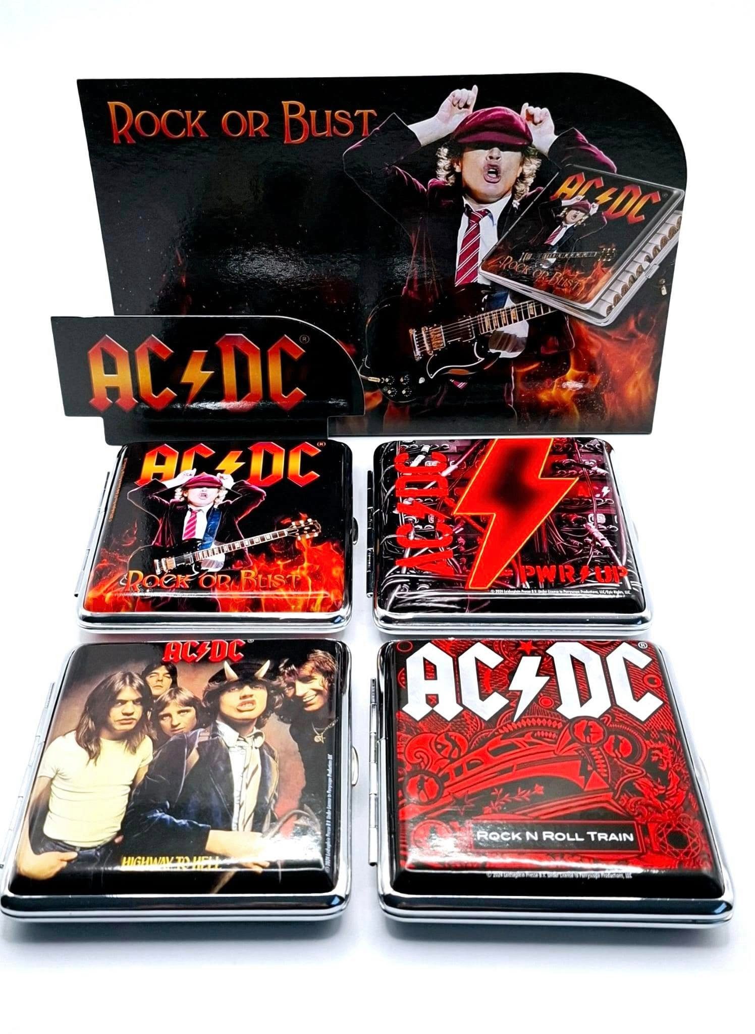 AC/DC Bogenetui Fanartikel Zigarettenetui Set Geschenkidee mit Motiv, Gummiband 20er, Rock or Bust