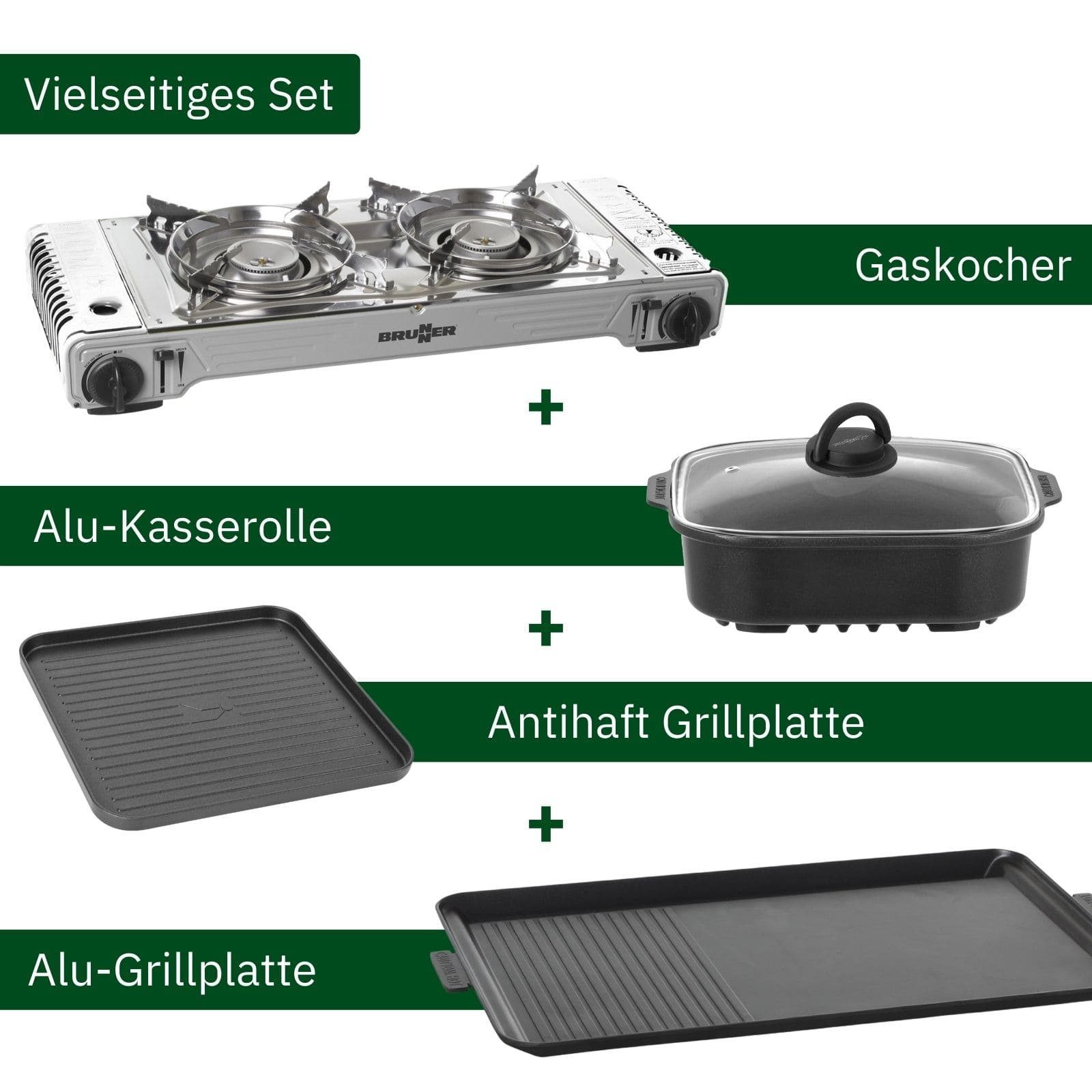 BRUNNER Gaskocher BRUNNER DEVIL DOUBLE GRILL Campingkocher Set Zweiflammig, Vielseitig, (Gaskocher + Grillplatte + Alu-Kasserolle)