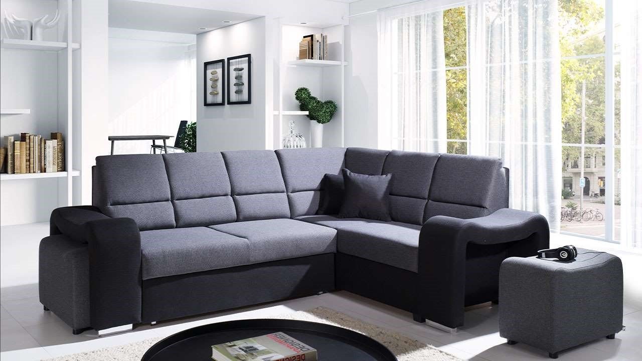 MKS MÖBEL Ecksofa AKIWA, Wohnlandschaft - L-Form Couch mit Schlaffunktion, 2 Hocker Grau und Schwarz