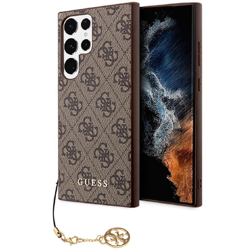Handyhülle Case Samsung Galaxy S23 Ultra Kunstleder braun Kette goldfarbig