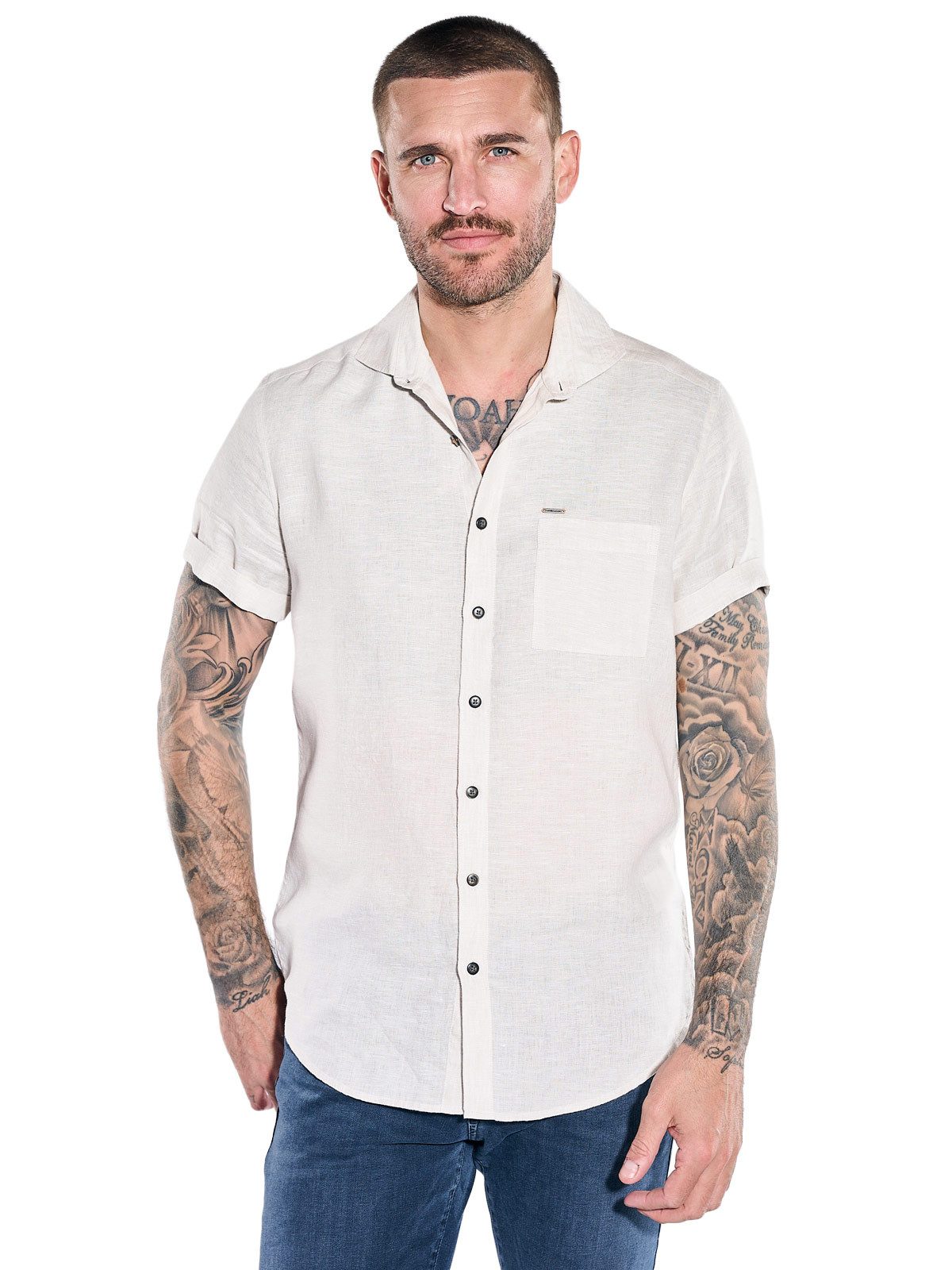 emilio adani Kurzarmhemd Herren Kurzarmhemd aus Leinen-Qualität, Beige