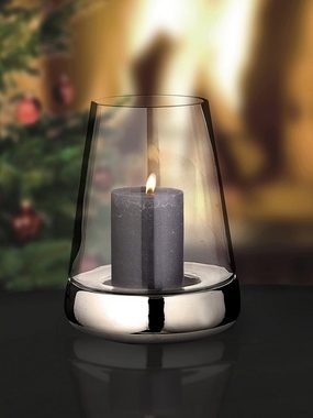 EDZARD Windlicht Bora, Kerzenhalter aus Glas mit Silber-Optik, Laterne für Stumpenkerzen, Höhe 28 cm, Ø 18 cm