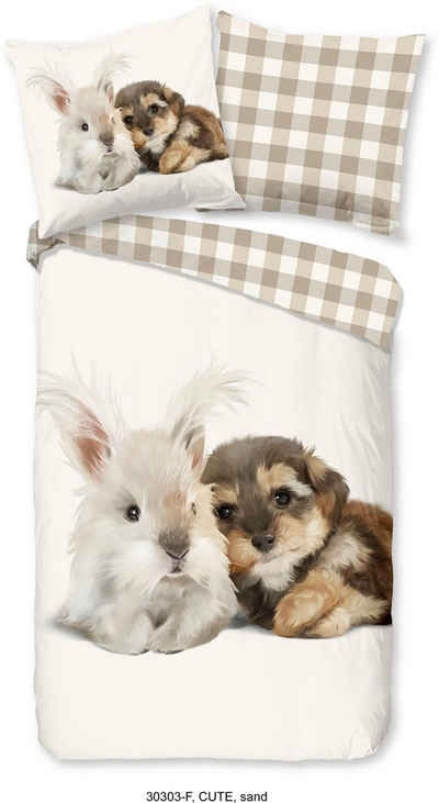 Kinderbettwäsche Cute Rabbit & Dog, good morning, Biber, Flanell, 2 teilig, 100% Baumwolle/ Flanell (Biber)