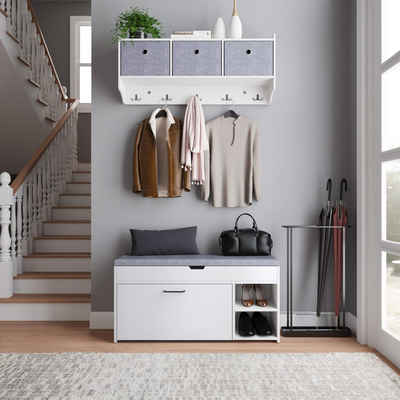 Mondeer Garderoben-Set (2-St), Garderobe mit Schuhbank, mit Stoff-Schublade und 5 Haken, mit Sitzfläche, Weiß