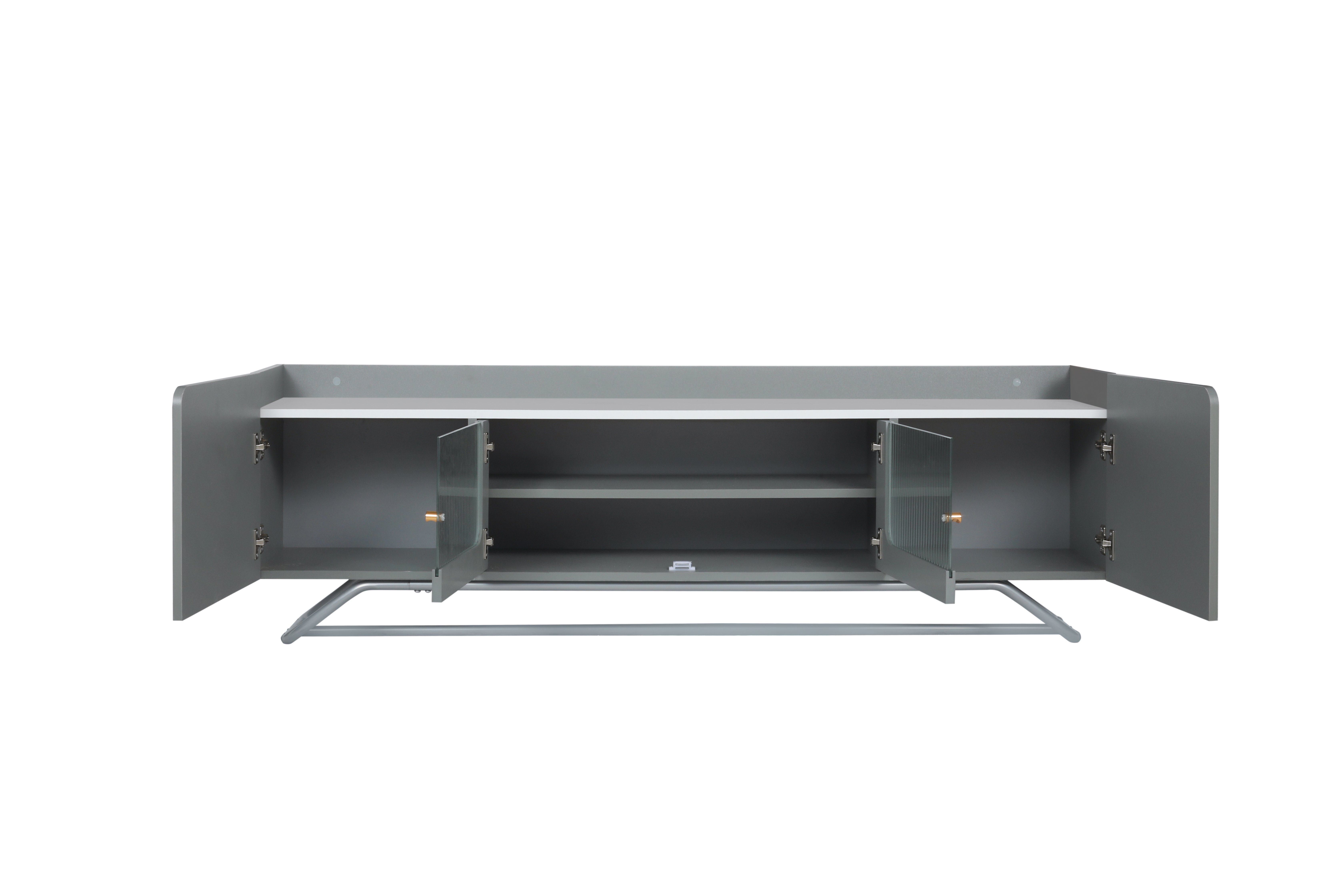 Lowboard (TV Schrank mit 4 Türen und 2 Regal), Hochglanz Tischplatte in Marmoroptik und schöne Glastür, Breite 150 cm