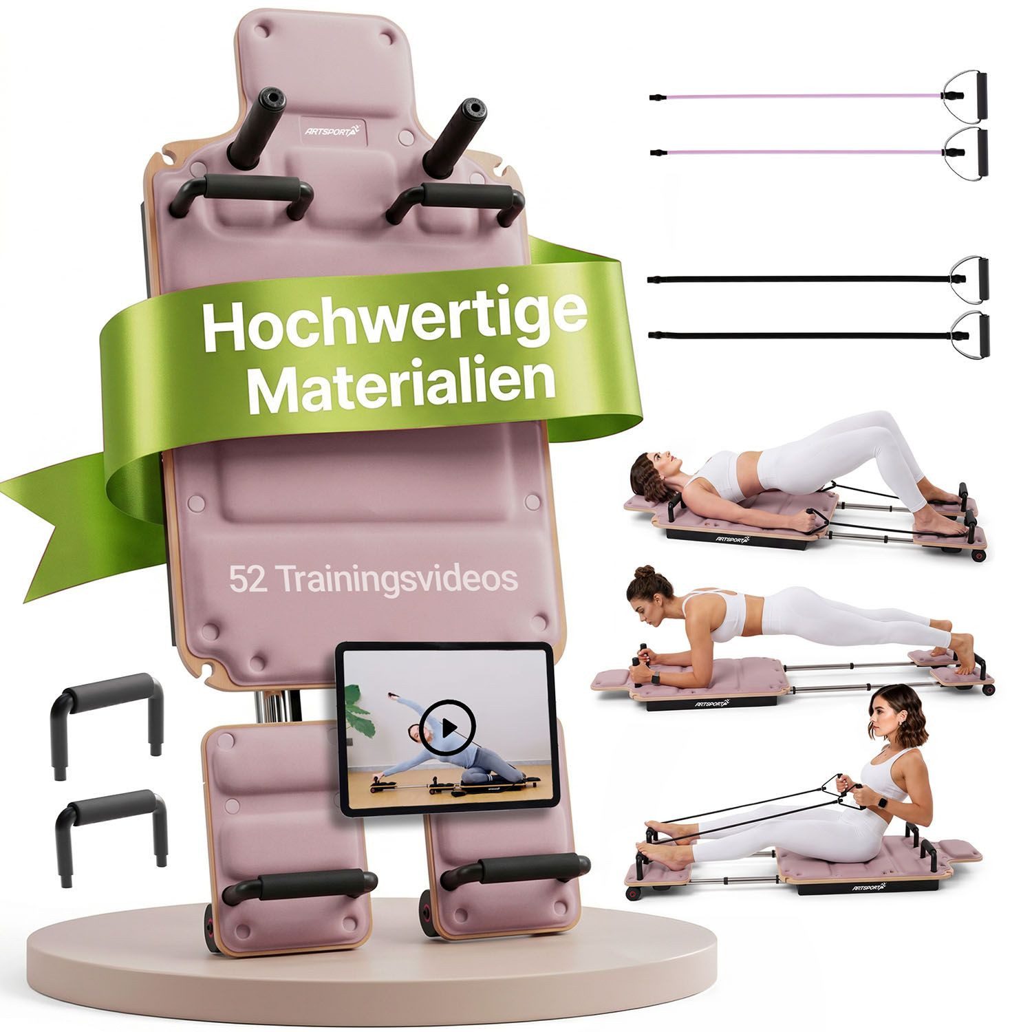 ArtSport Pilates-Reformer Movea, Inkl. 52 Trainingsvideos, 6 Trainingsbändern & faltbarem Design