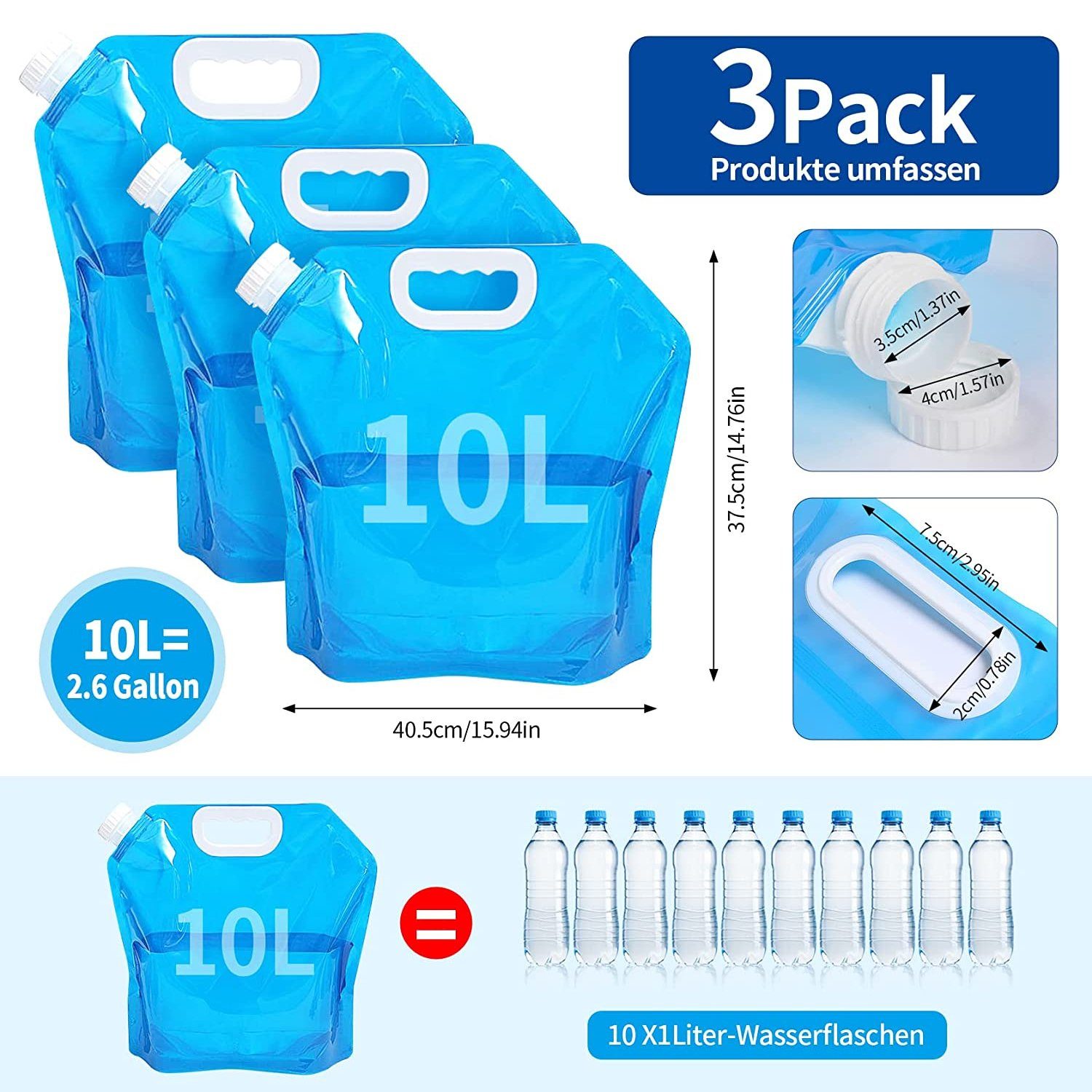 zggzerg Trinkflasche Wasserbehälter Dichtem mit Faltbarer 3stk Deckel 10L