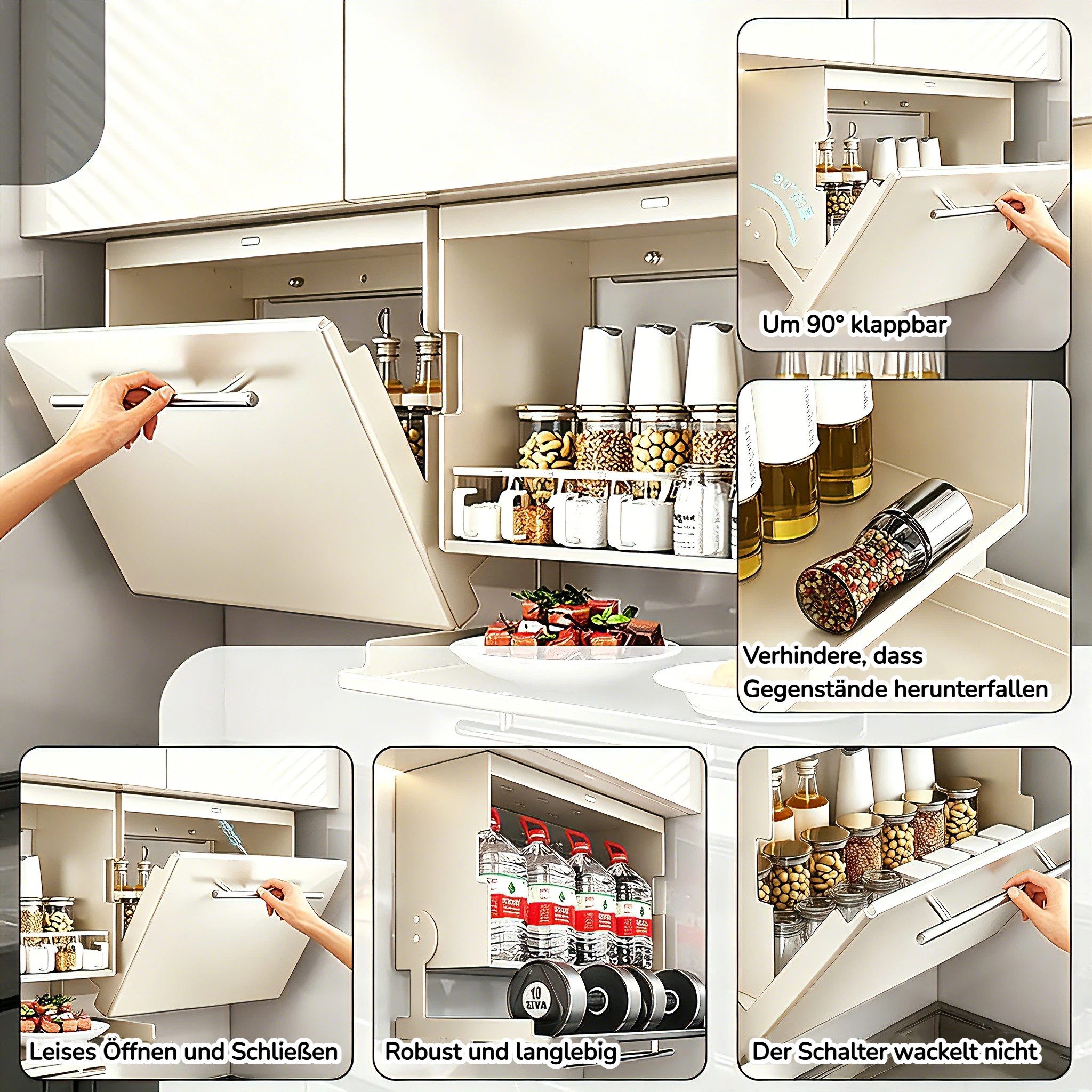 BlingBin Küchenregal Wandschrank Organizer mit Klapptür, Metall-Hängeschrank - 40x19x29cm, 1er Set, Tragfähigkeit: 25 kg, Flip-Top-Design für Besteck, Geschirr  – Bild 3 von 5