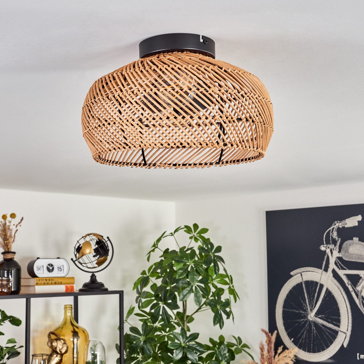 hofstein Deckenleuchte moderne Deckenlampe aus Metall/Bambus/Holz in Schwarz/Natur, Boho-Design Deckenleuchte,Lichteffekt, Ø40cm, 2xE27, ohne Leuchtmittel