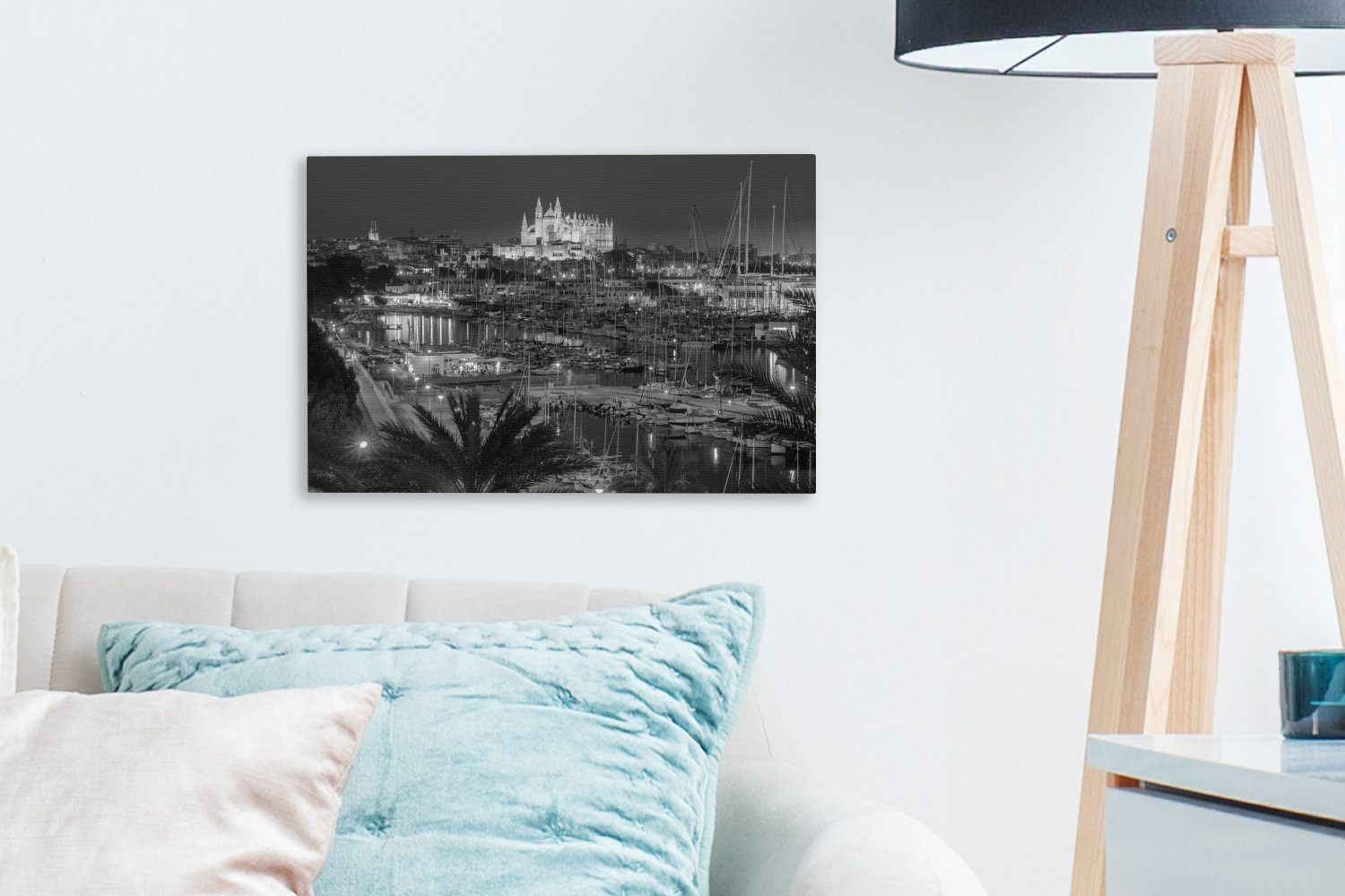 OneMillionCanvasses® Leinwandbild Mallorca - Hafen - Schwarz - Weiß, Fotodruck (1 St), Leinwand Bilder Klein, Wand Dekoration Aesthetic 30x20 cm