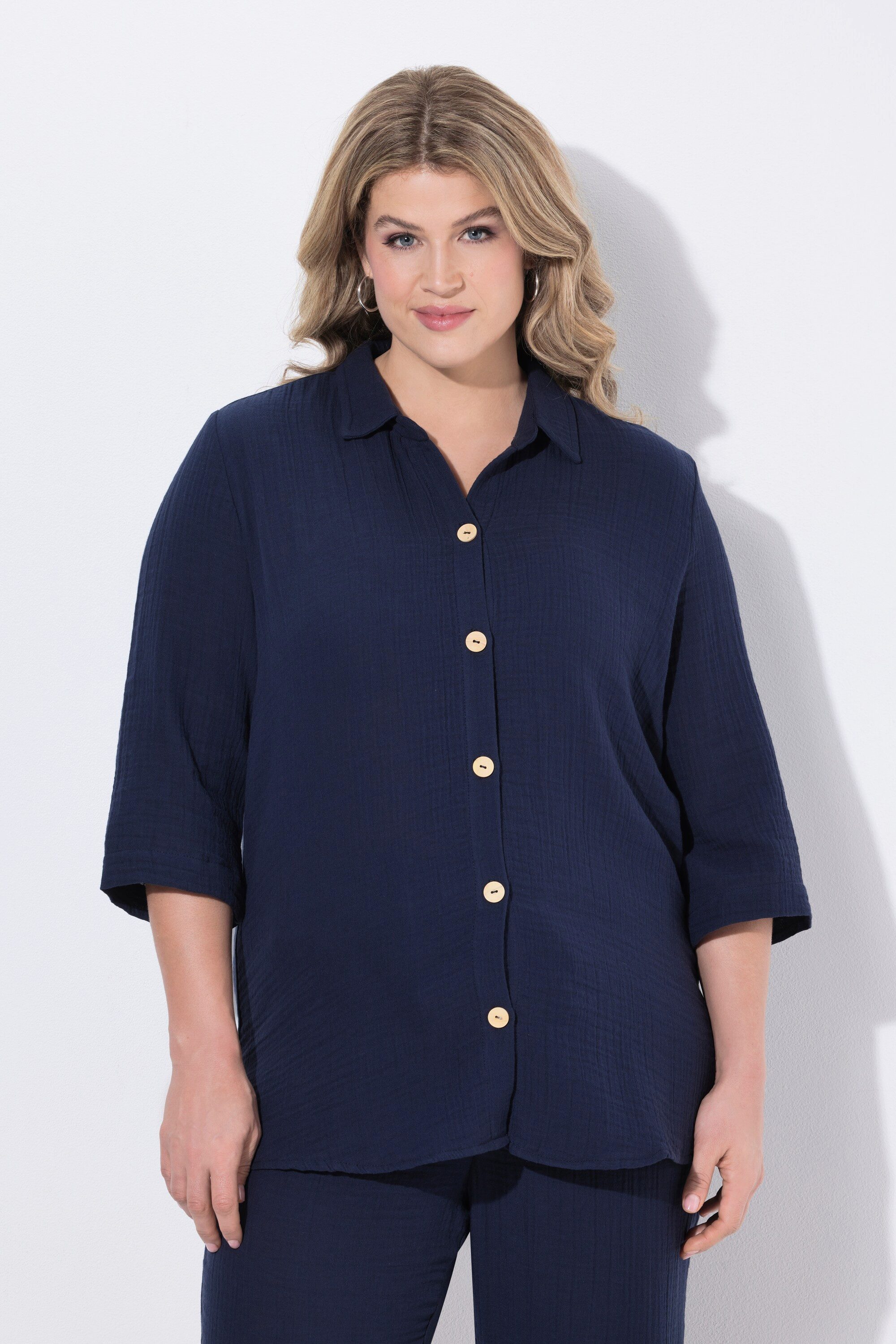 Ulla Popken Hemdbluse Musselinbluse Stehkragen 3/4-Arm Biobaumwolle