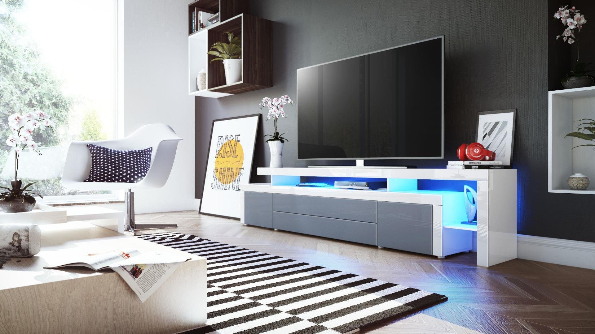 Vladon Lowboard Leon V3 (TV-Kommode, mit zwei Türen, zwei Schubkästen und einem modernen Überbau inkl. LED), Grau Hochglanz/Weiß Hochglanz (227 x 52 x 35 cm)